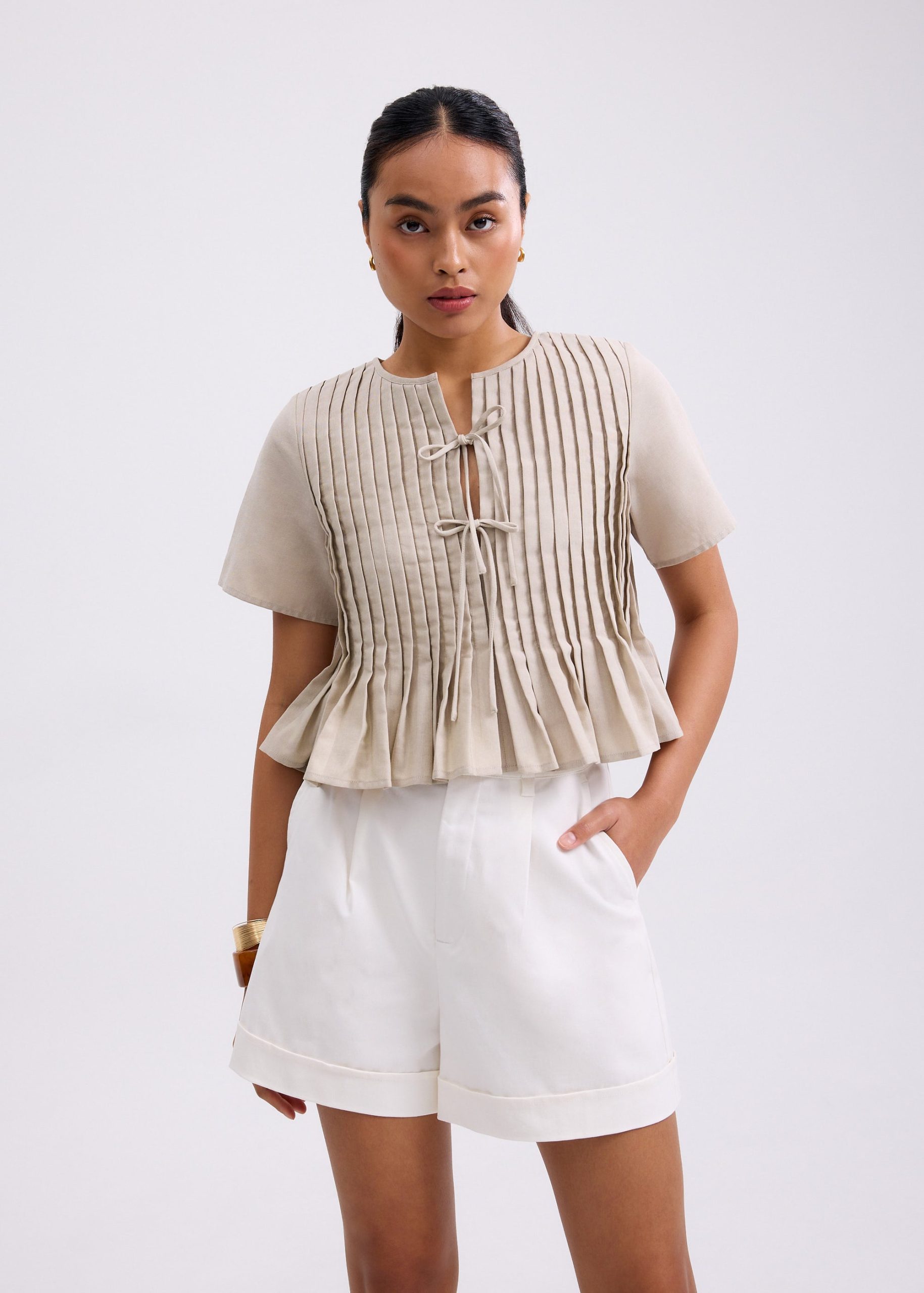 Oxford Pintuck Notched Peplum Top - Image 2