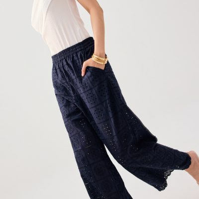 Elastic Cotton Broderie Mid Waist Straight Leg Pants