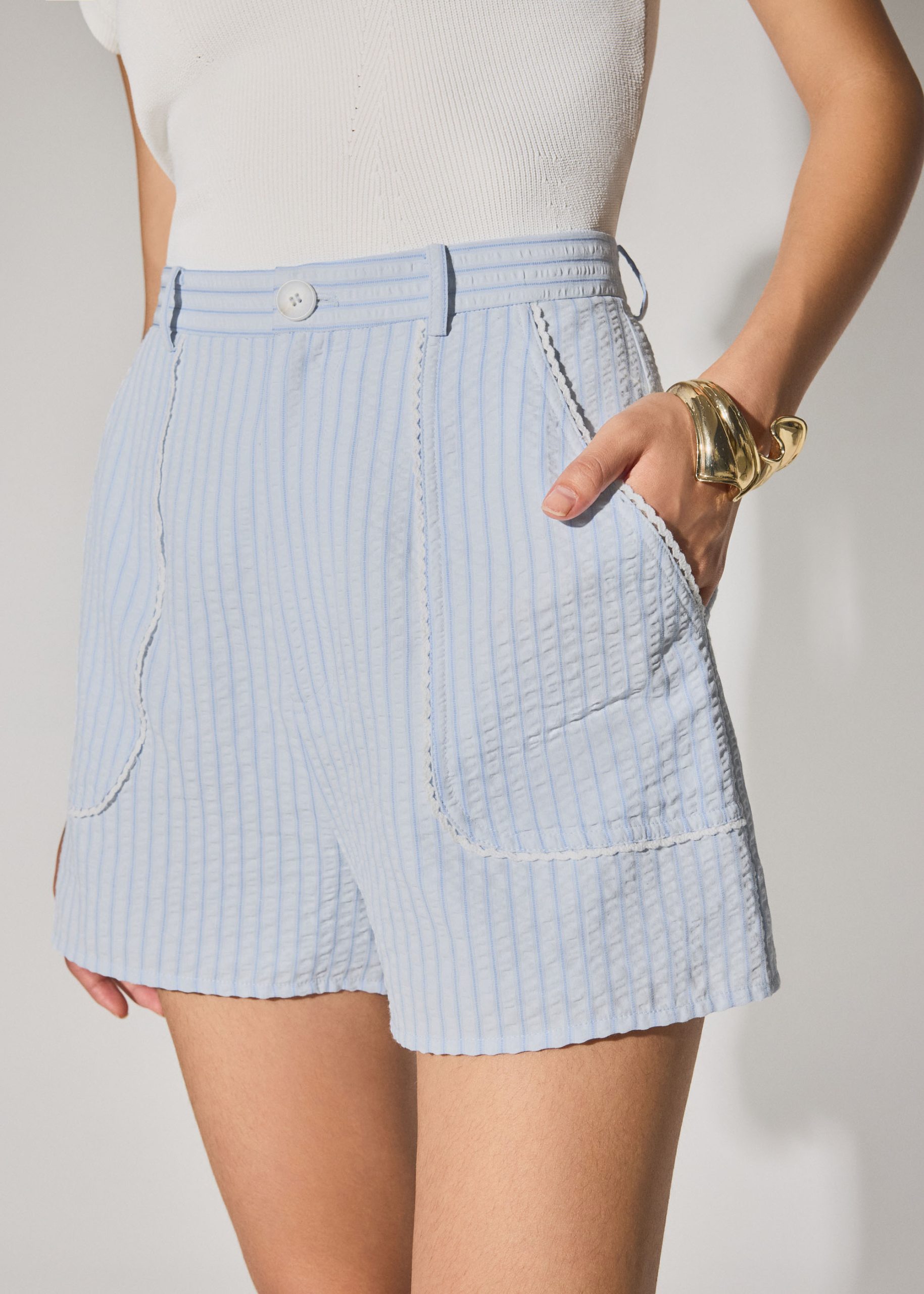 Elastic Striped Cotton Scallop Trim A-line Shorts - Image 11