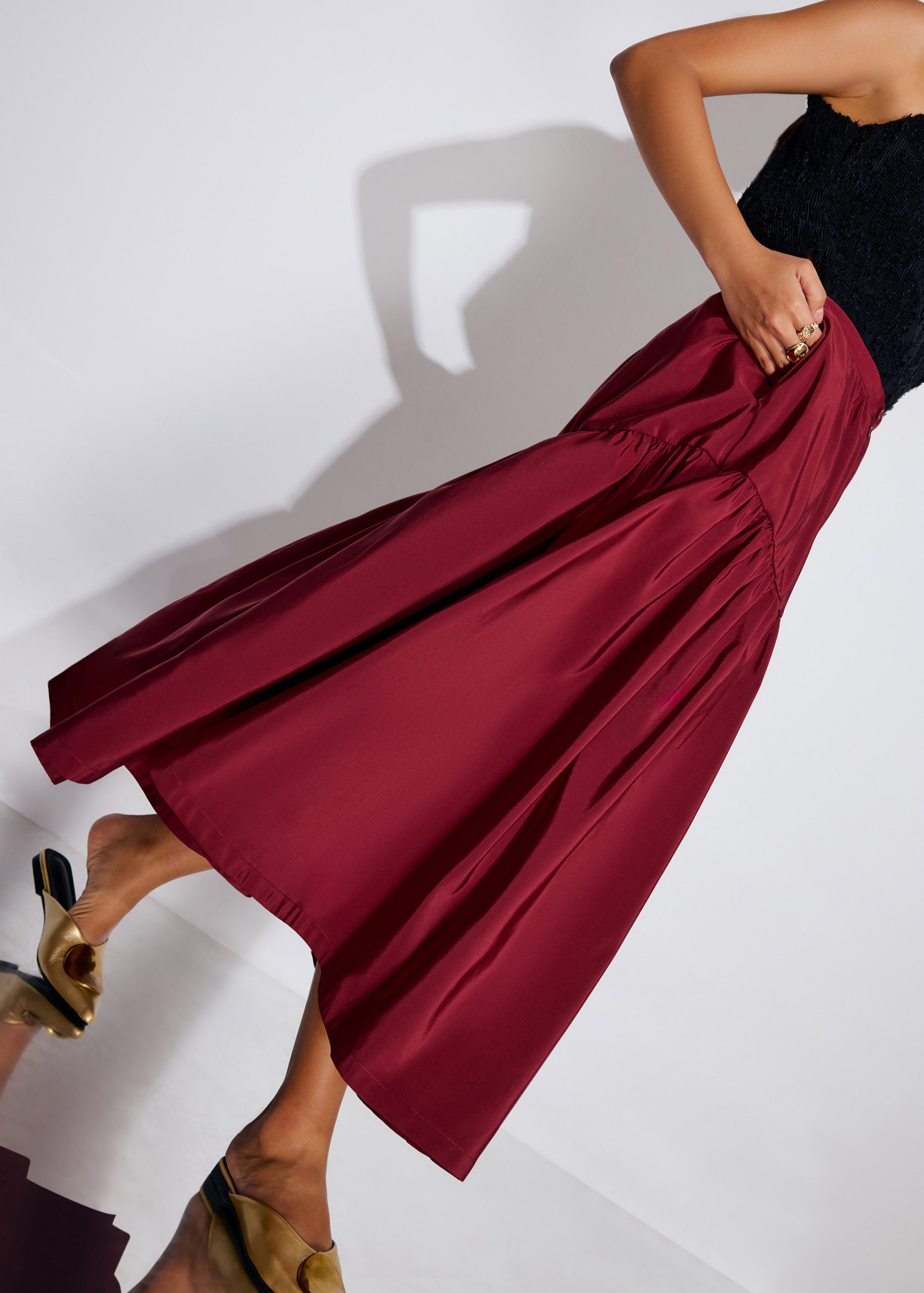Elastic Tiered High Waist Flare Midaxi Skirt - Image 9
