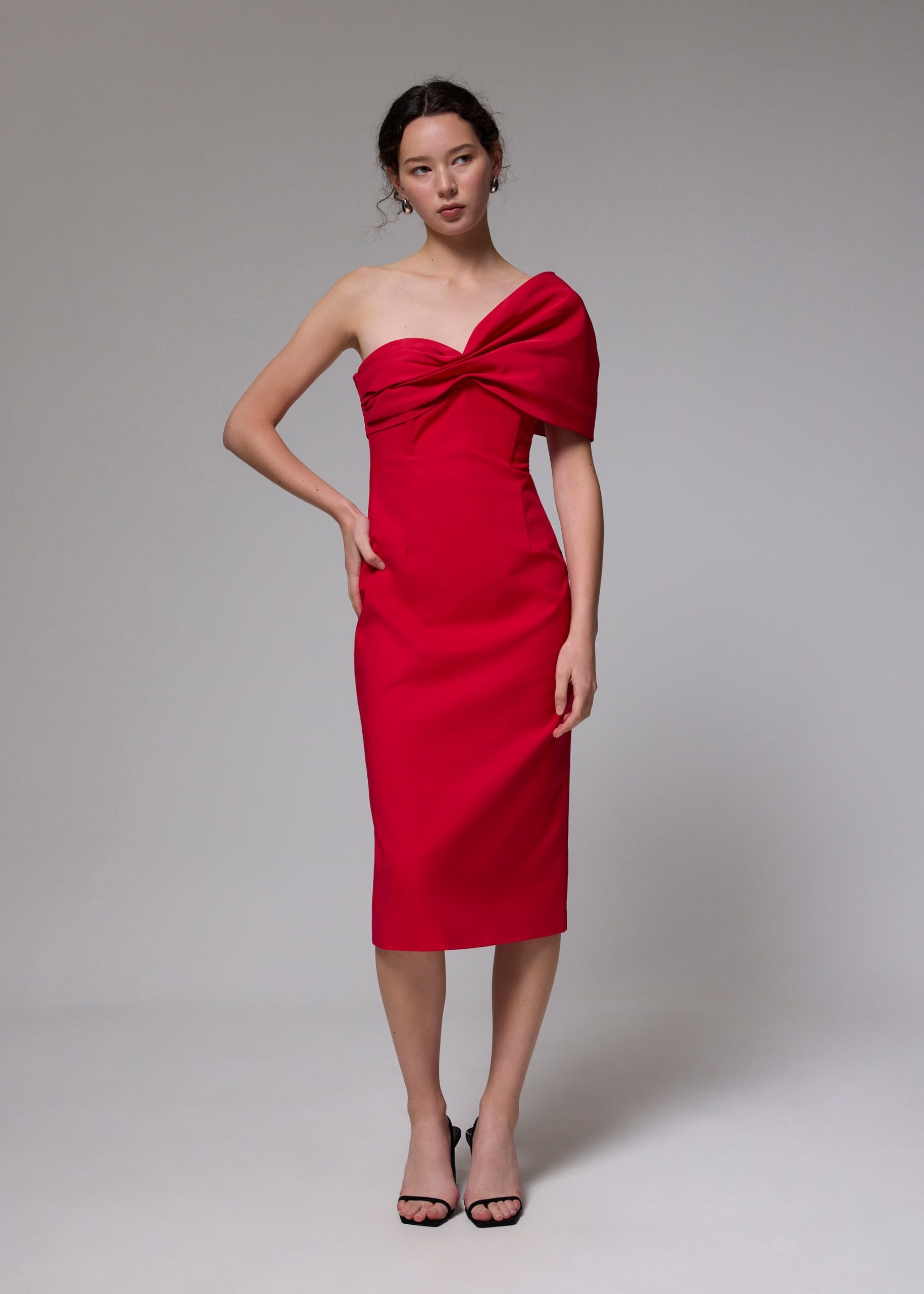 Asymmetric Front Twist Column Midi Dress - Image 8