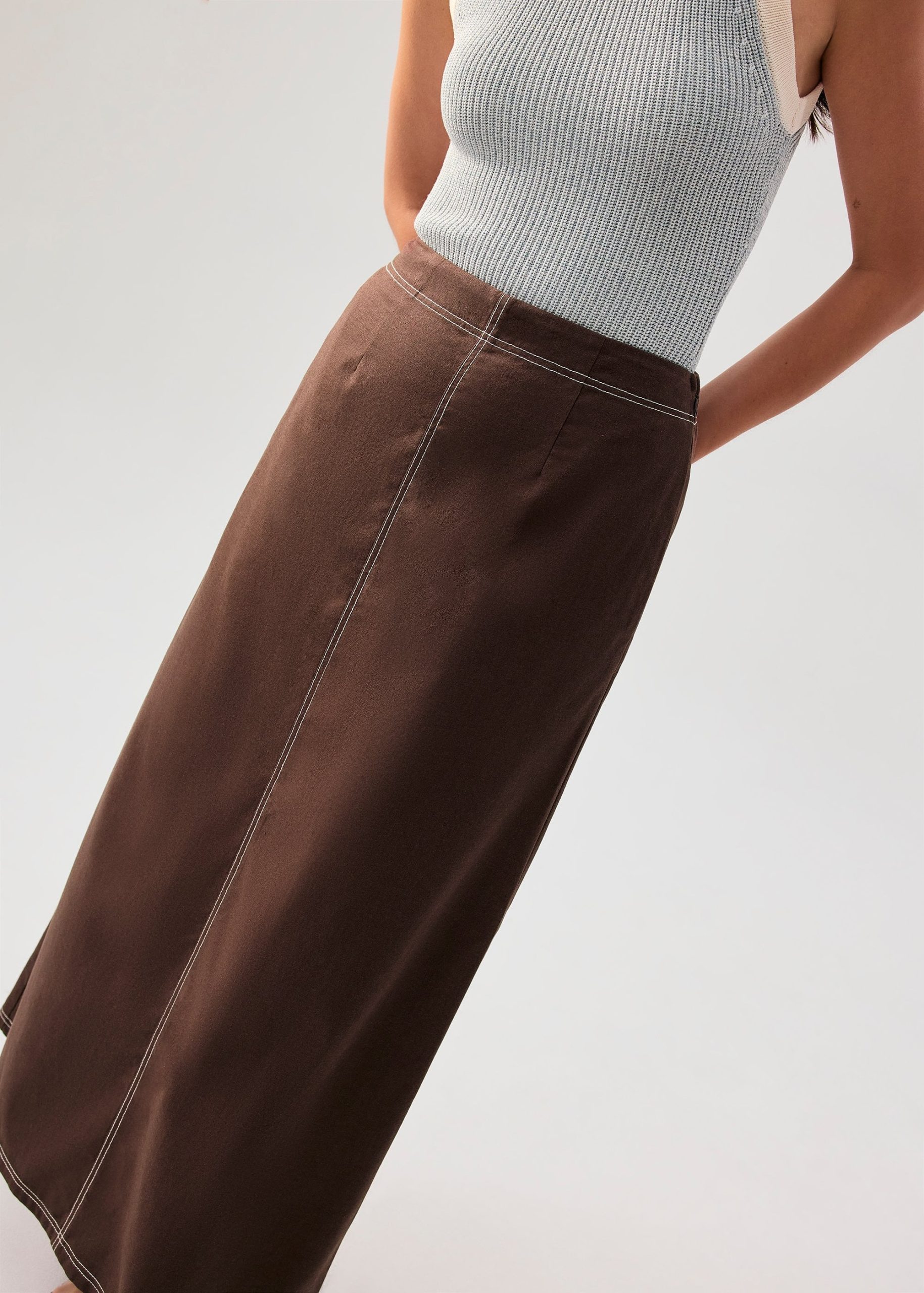 Elastic Contrast Stitch High Waist A-line Maxi Skirt