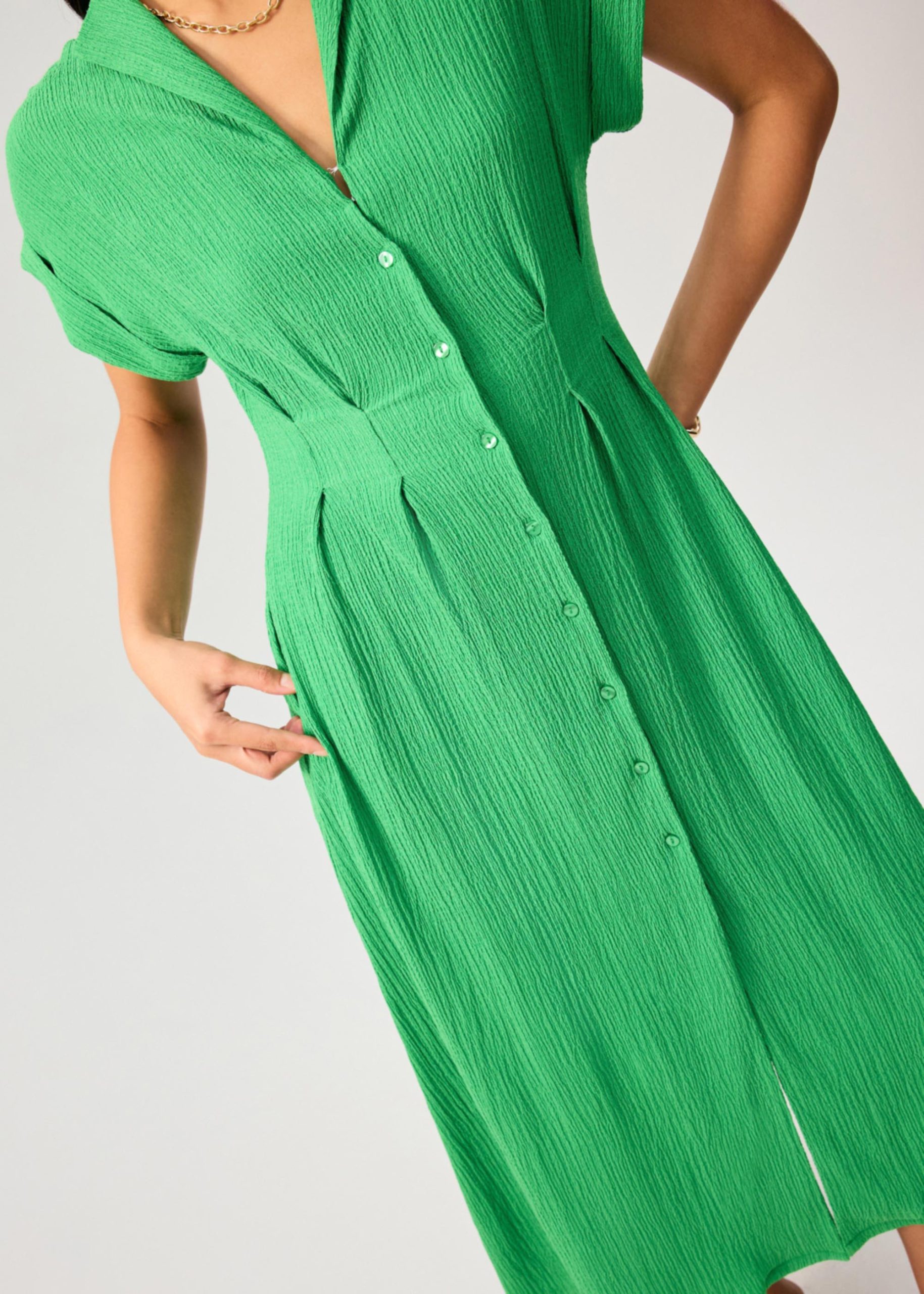 Crinkled Collared Button Down Fit & Flare Midi Dress - Image 12