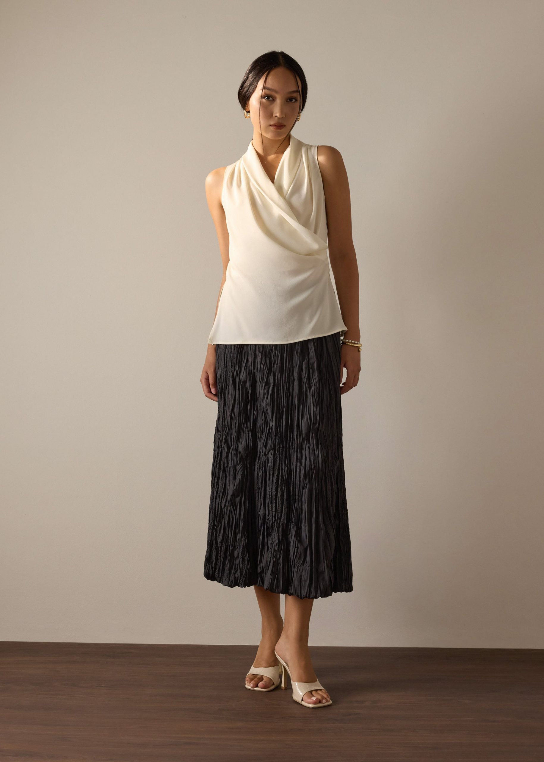 Krystal Crepe Satin Draped V-neck Top - Image 10