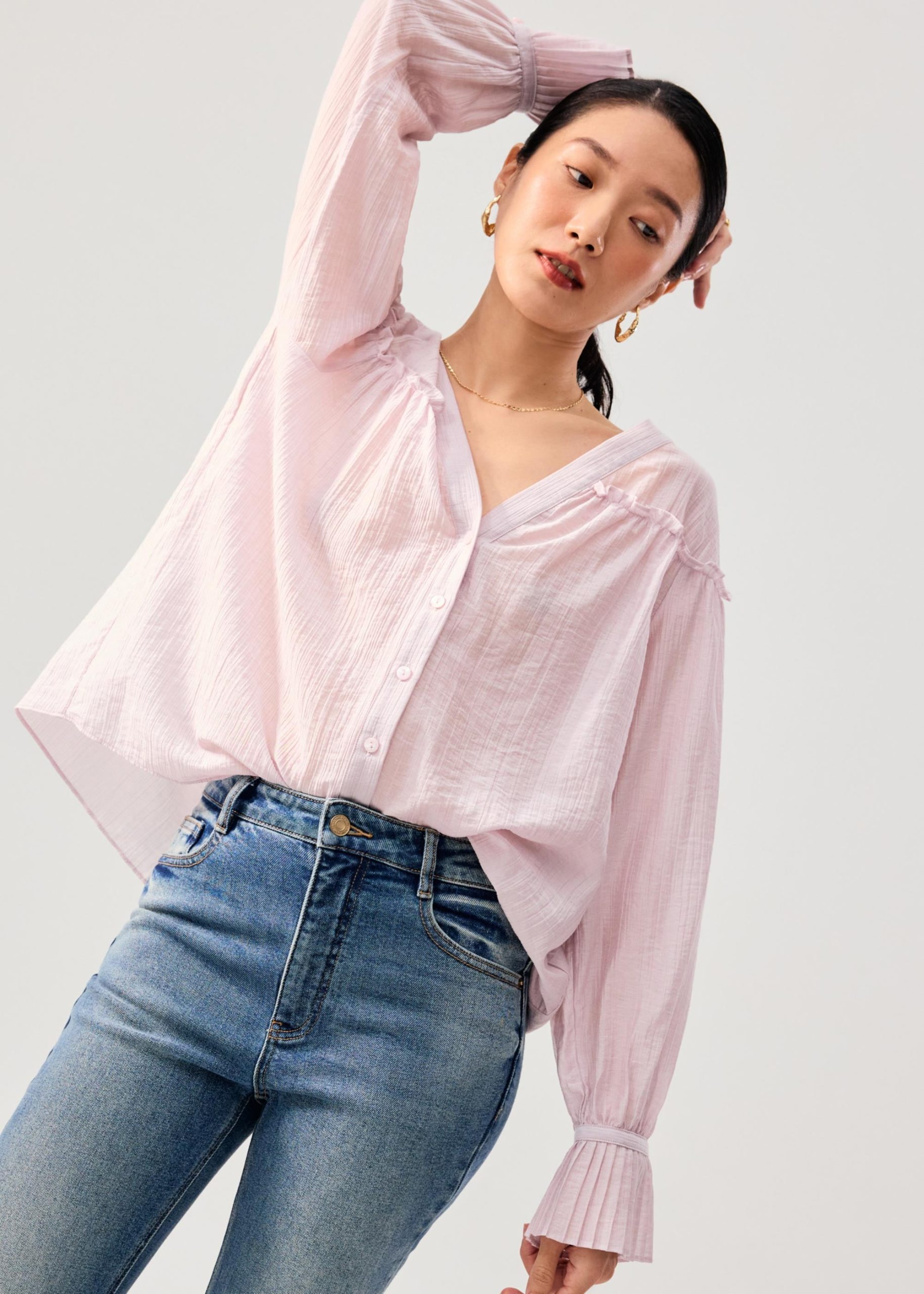 Relaxed Ruffle Trim Lyocell V-neck Long Blouse