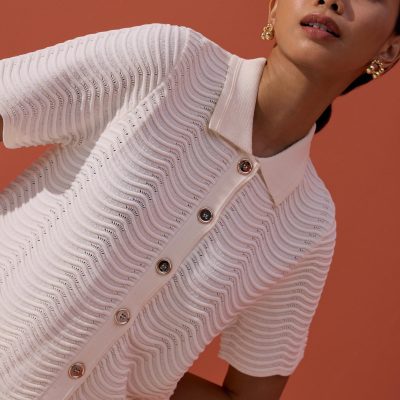 Wavy Knit Collared Boxy Cardigan