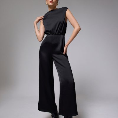 Crinkled Satin Cowl Neck Jumpsuit