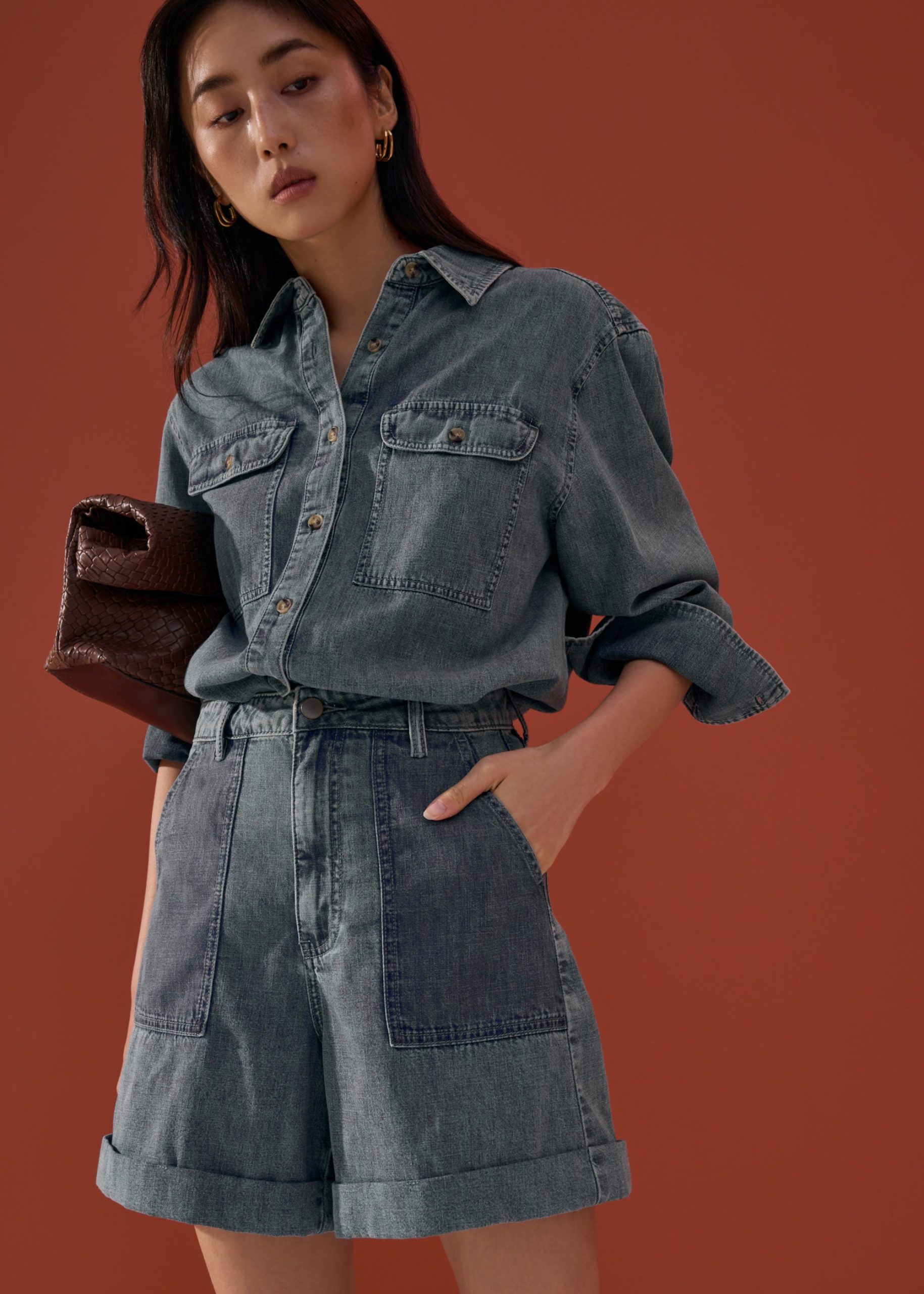 Denim High Waist A-line Cuffed Shorts - Image 8