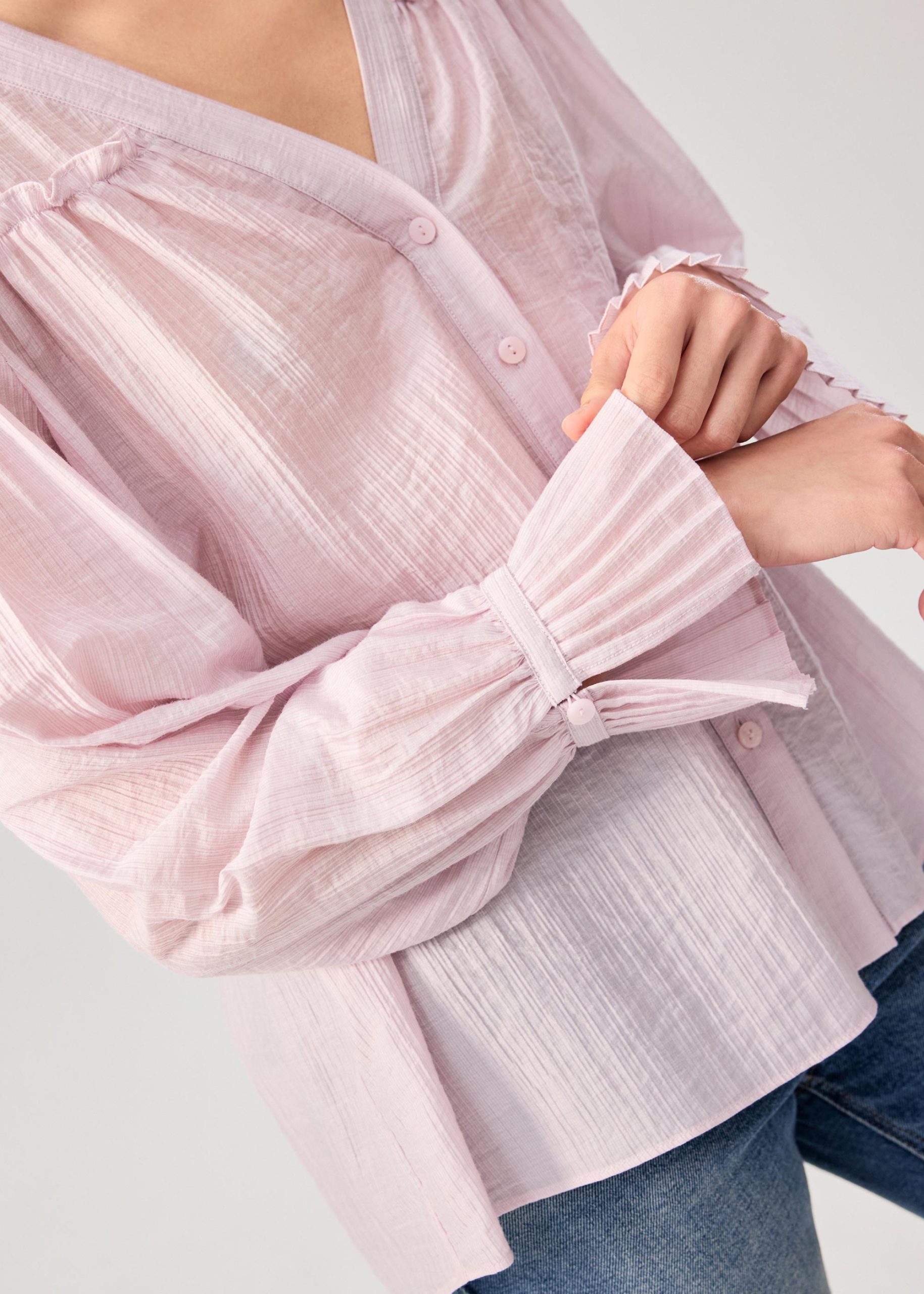 Relaxed Ruffle Trim Lyocell V-neck Long Blouse - Image 8