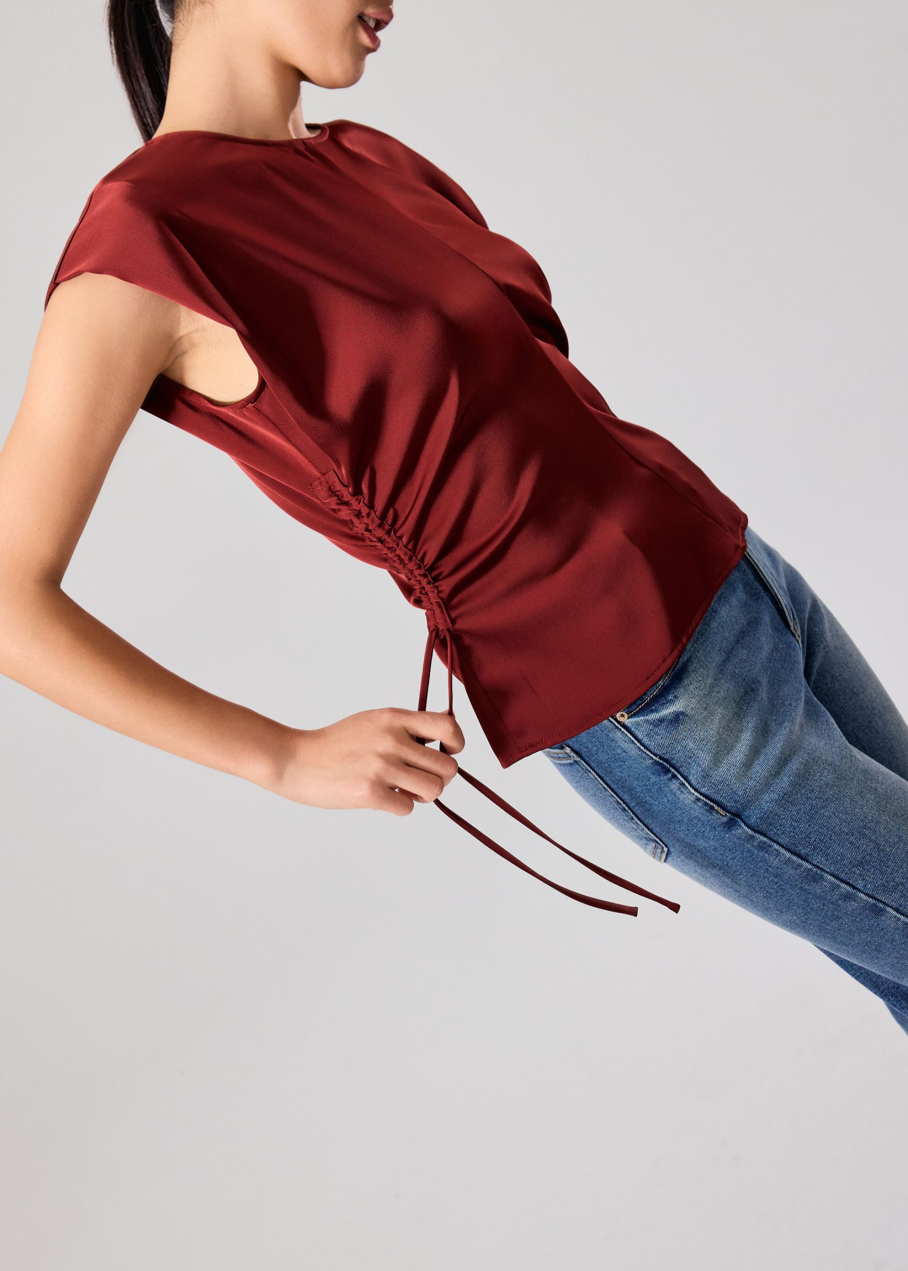 Ananya Side Ruching Satin Round Neck Top - Image 4