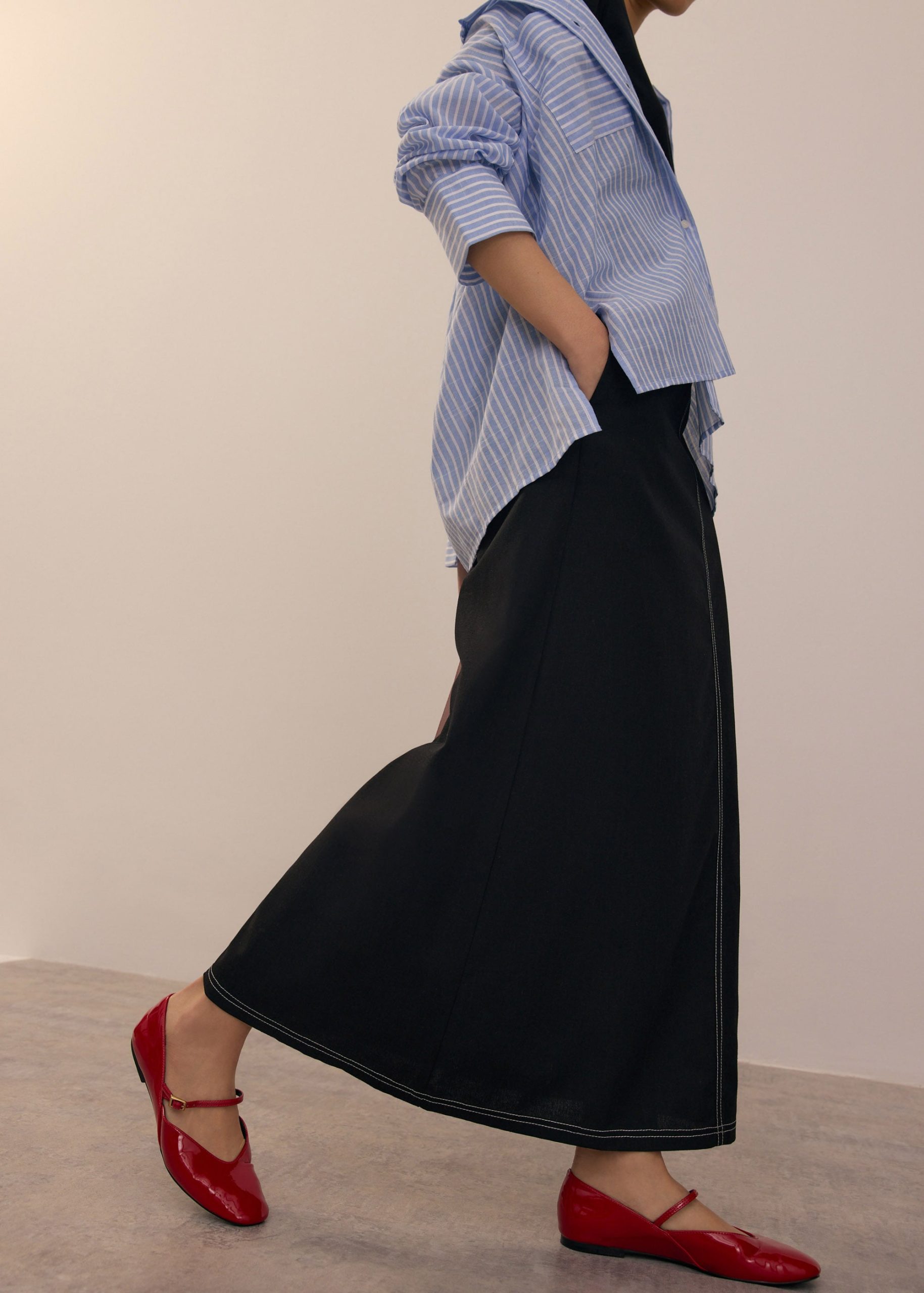 Elastic Contrast Stitch High Waist A-line Maxi Skirt - Image 24