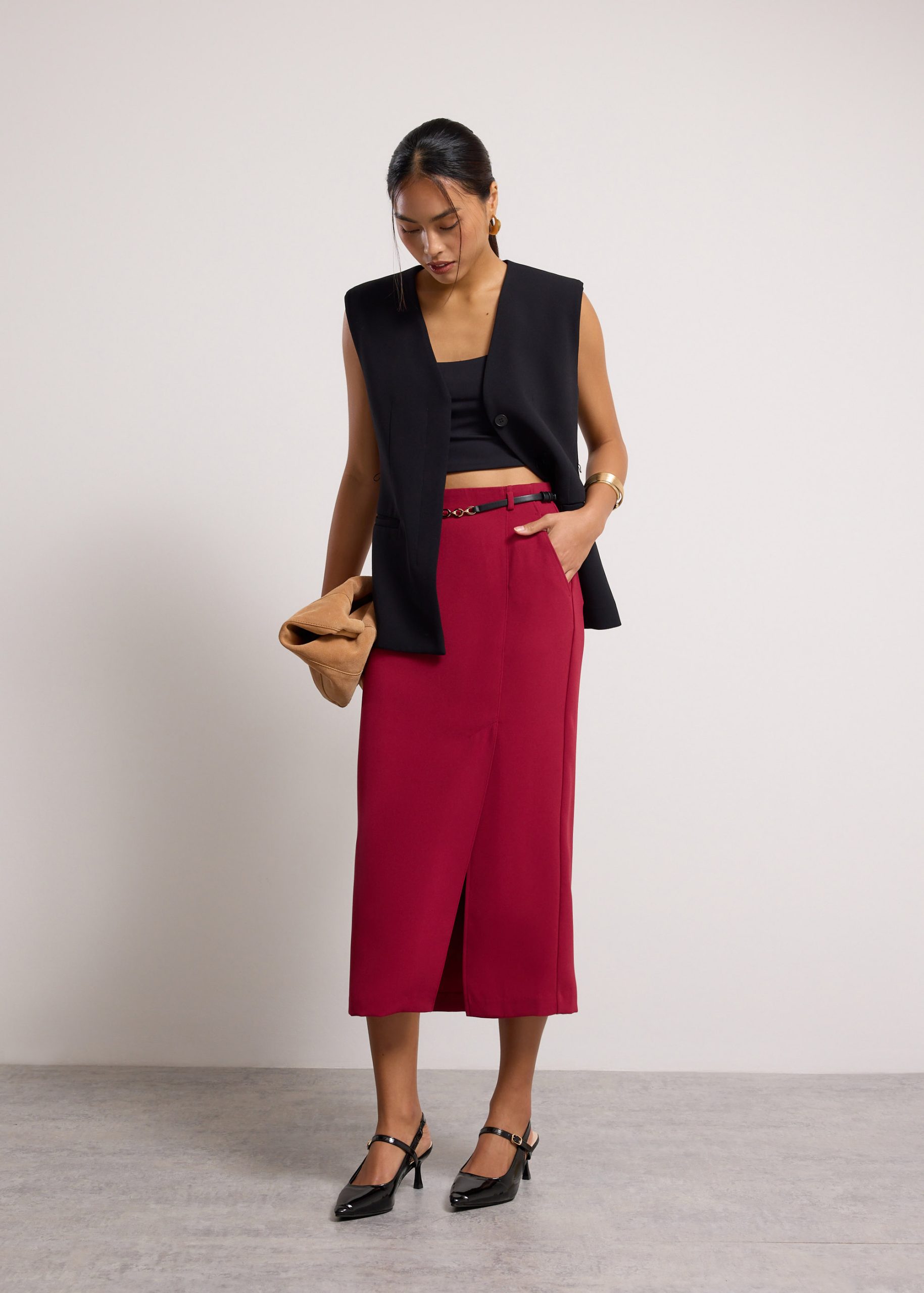 Emily Tailored Crepe Side Slit Column Midaxi Skirt - Image 7