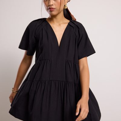 Rayon V-neck Trapeze Mini Dress