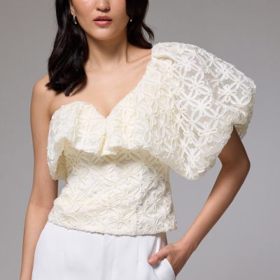 BraFree by LB Lace Asymmetric Puff Sleeve Top