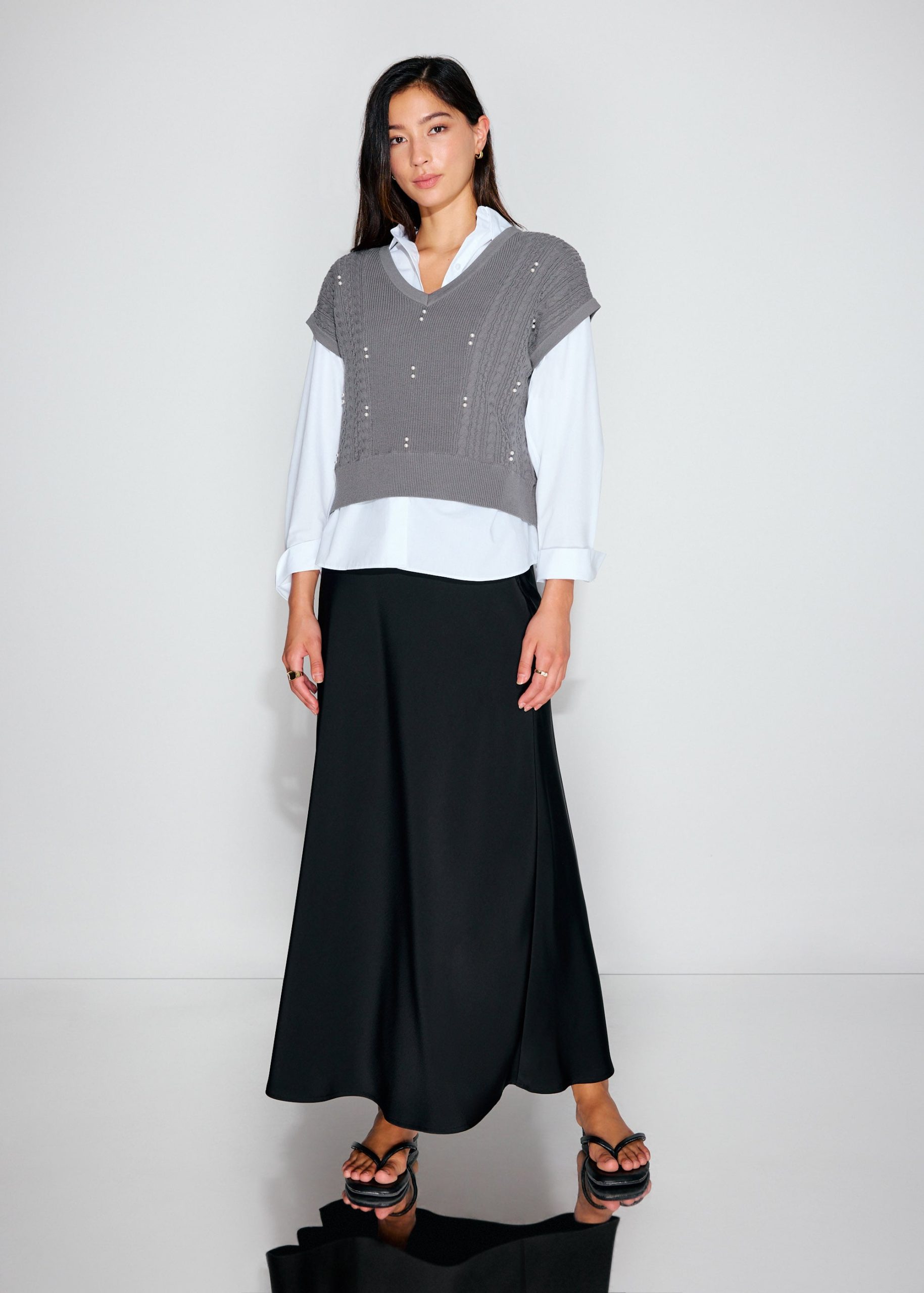 Relaxed Pearl Embellished Cable Knit Shell Top - Image 2