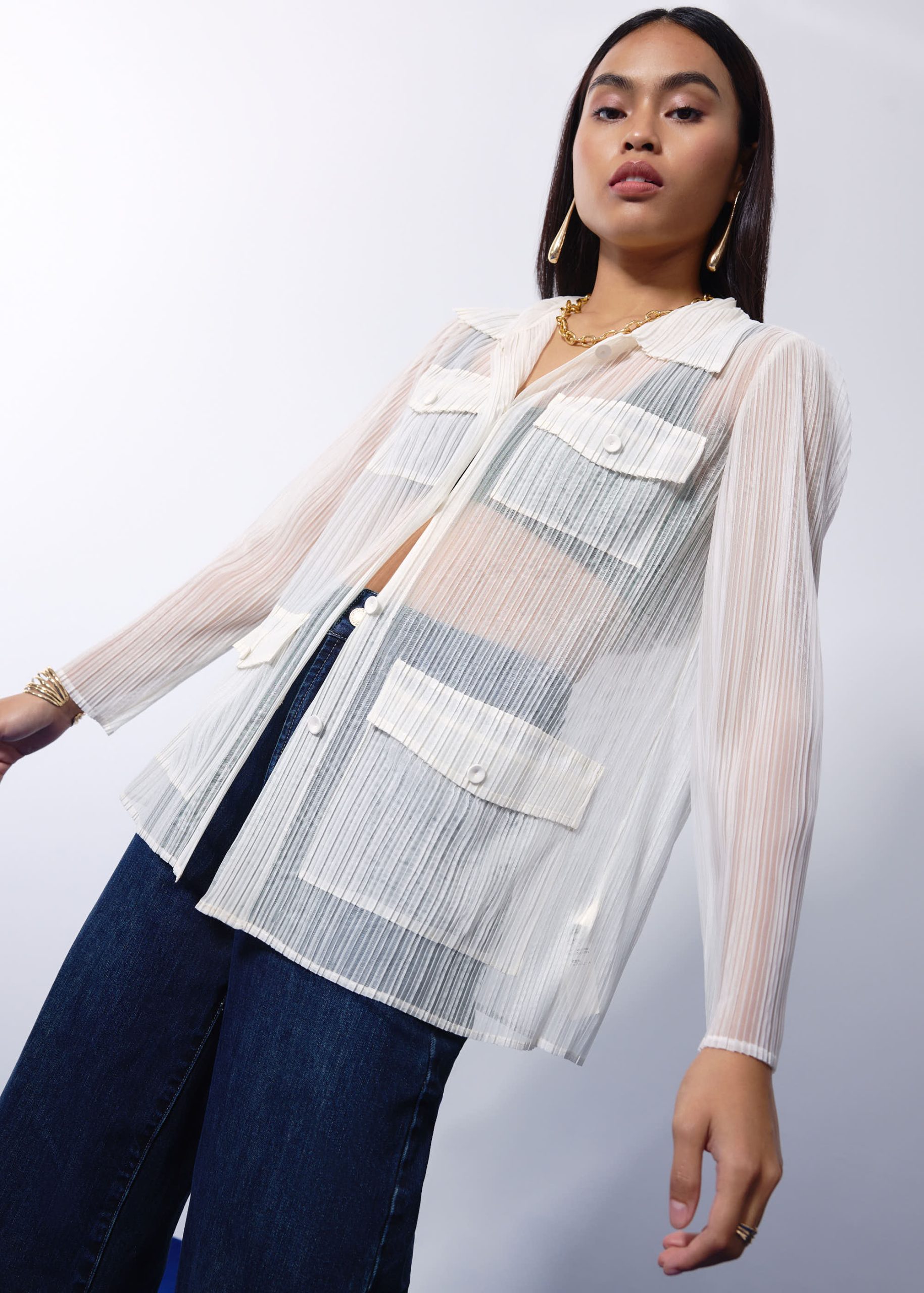 Sheer Plisse Collared Button Down Shirt - Image 9