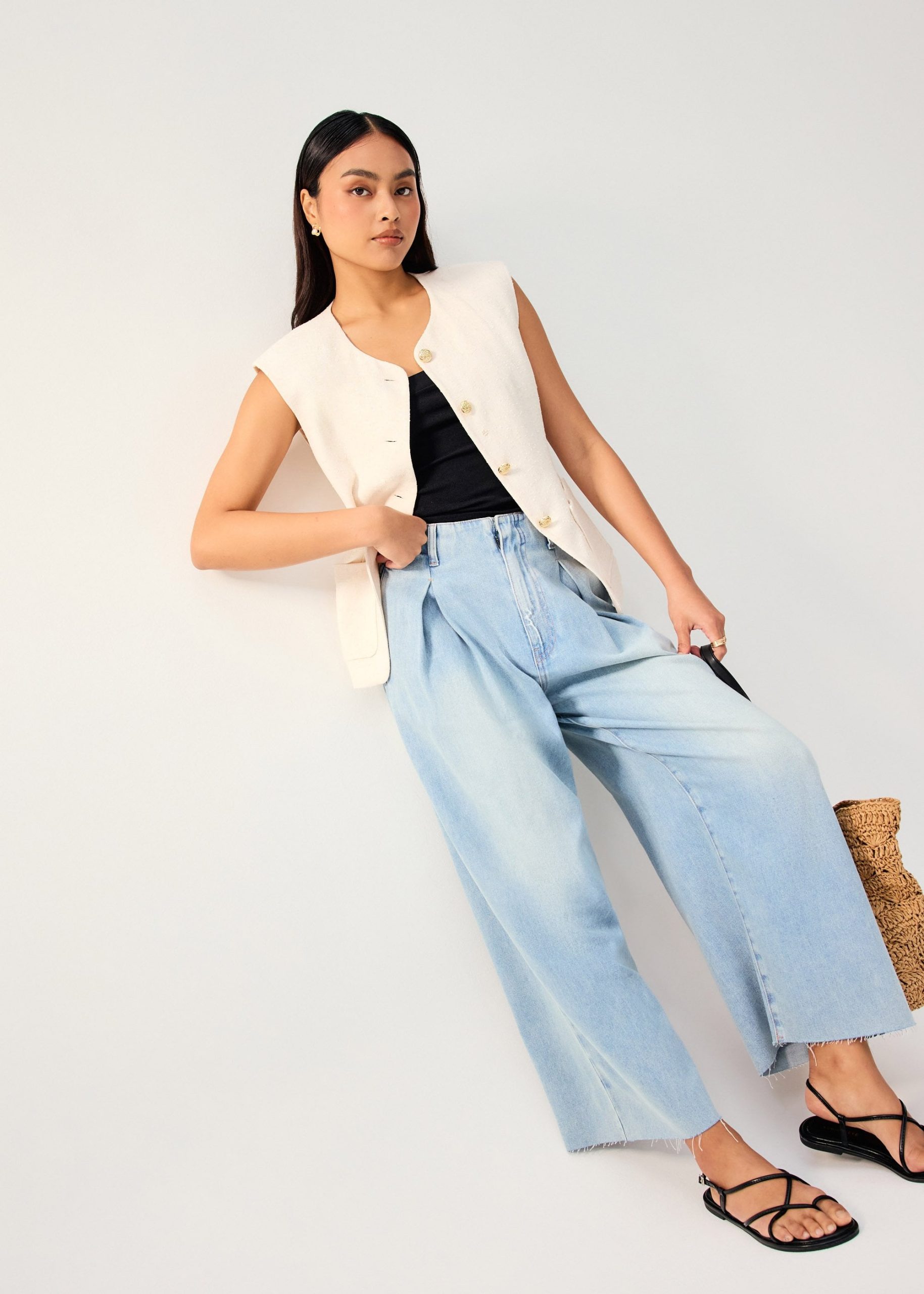 Isa Shoulder Padded Tweed Round Neck Vest Top - Image 3