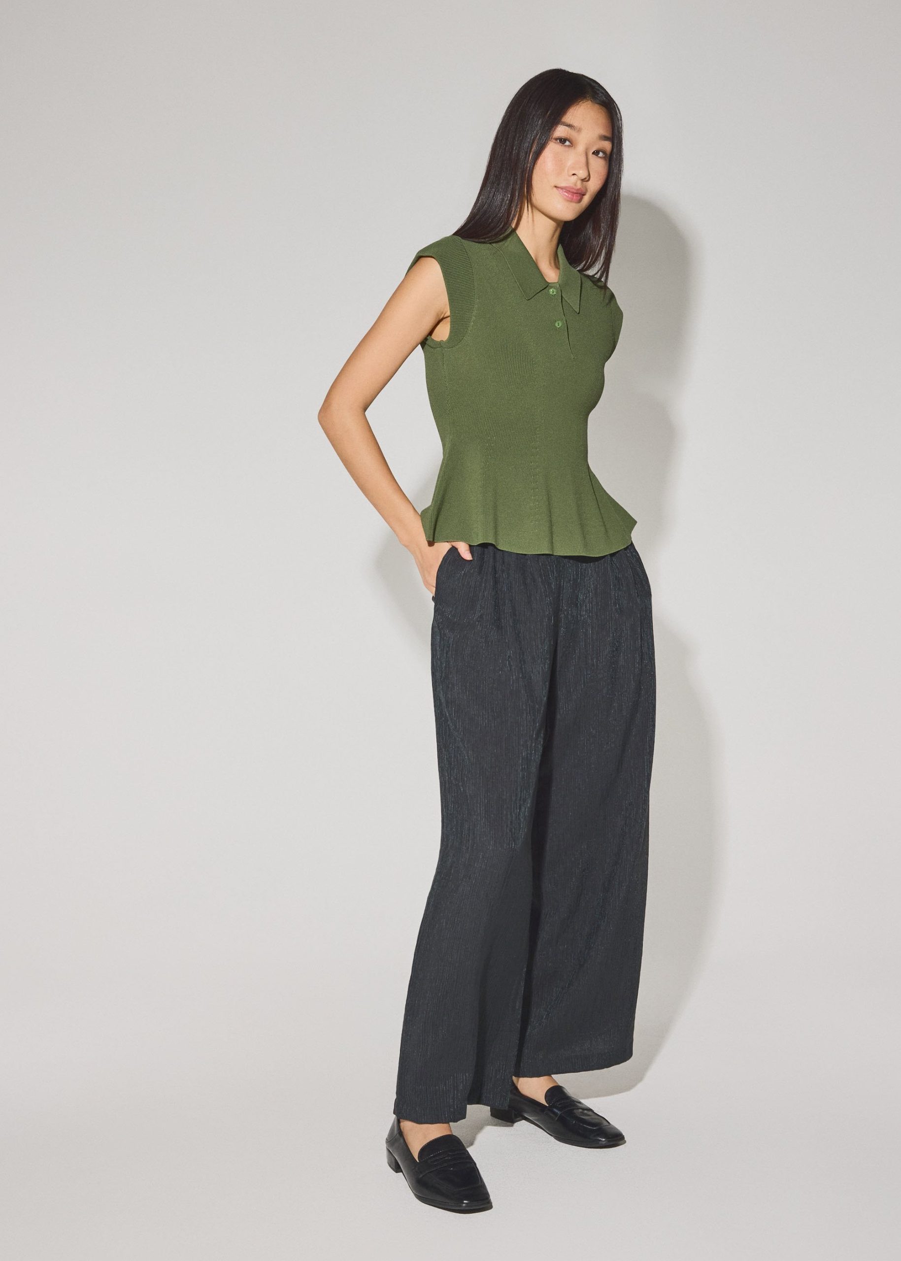 Knit Collared Peplum Polo Top - Image 10