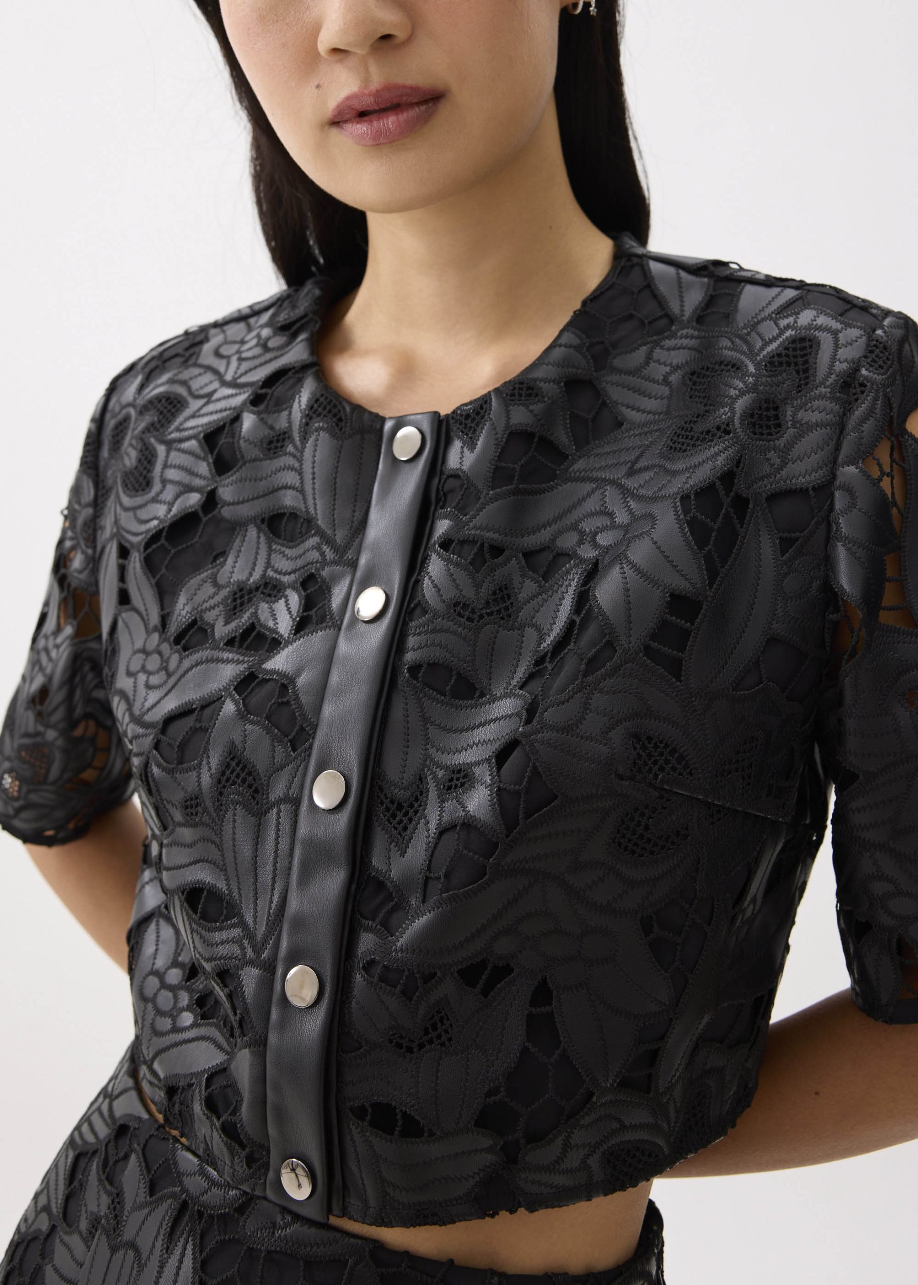 Relaxed Vegan Leather Lace Crop Top - Image 3