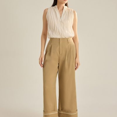 Lyocell Contrast Piping Wide Leg Pants