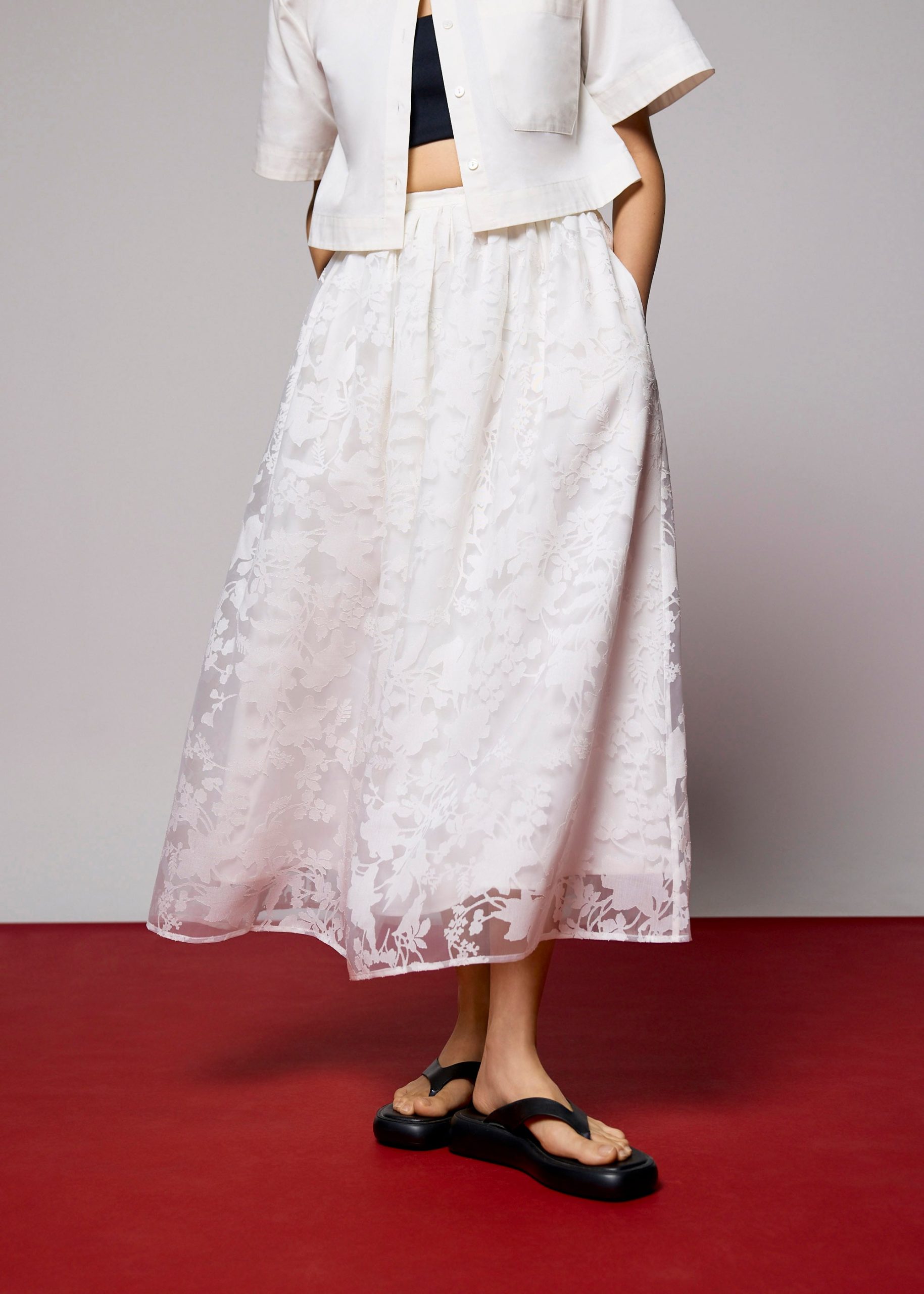 Elastic Jacquard High Waist Flare Maxi Skirt - Image 2