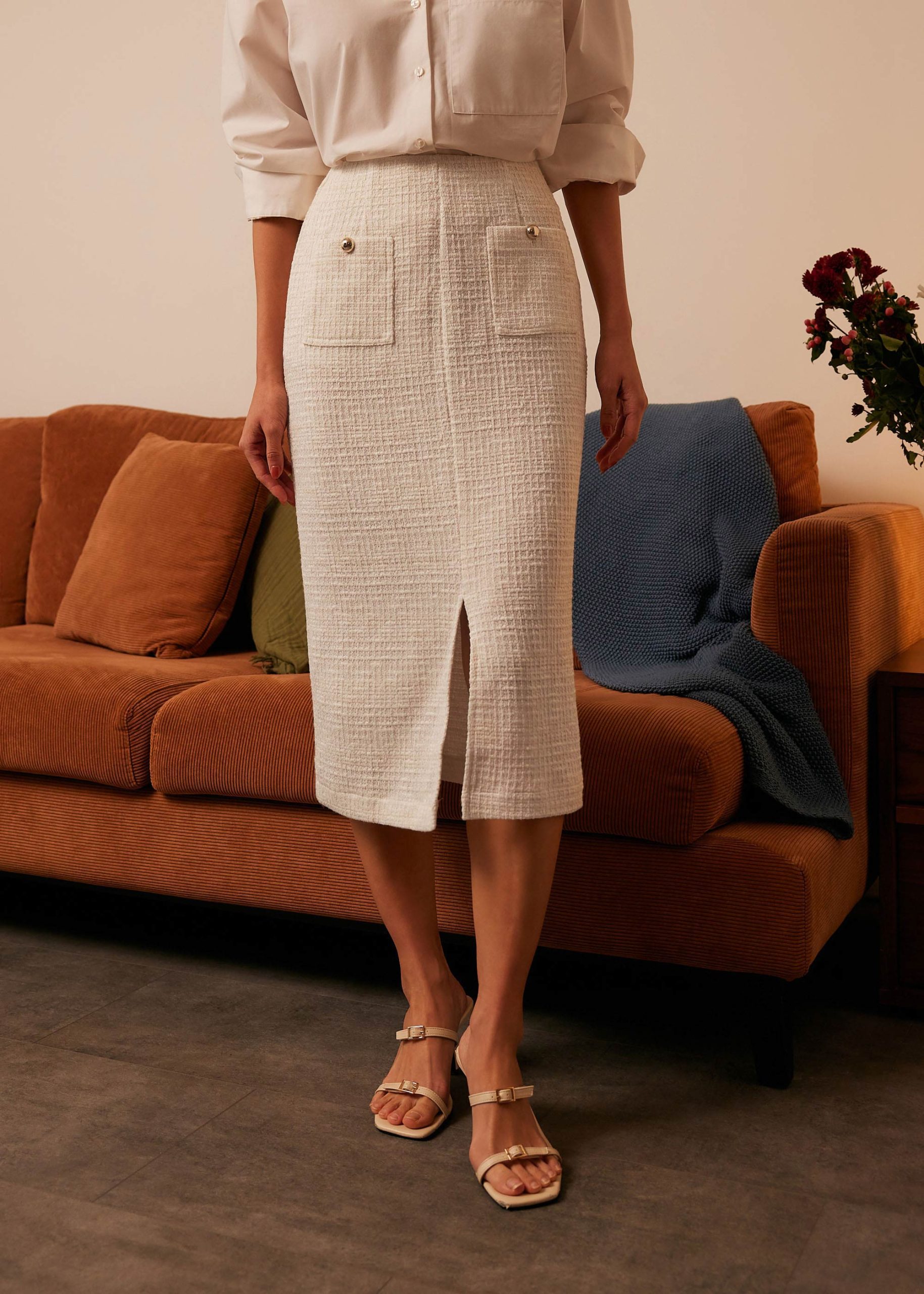 High Waist Tweed Column Midi Skirt - Image 3