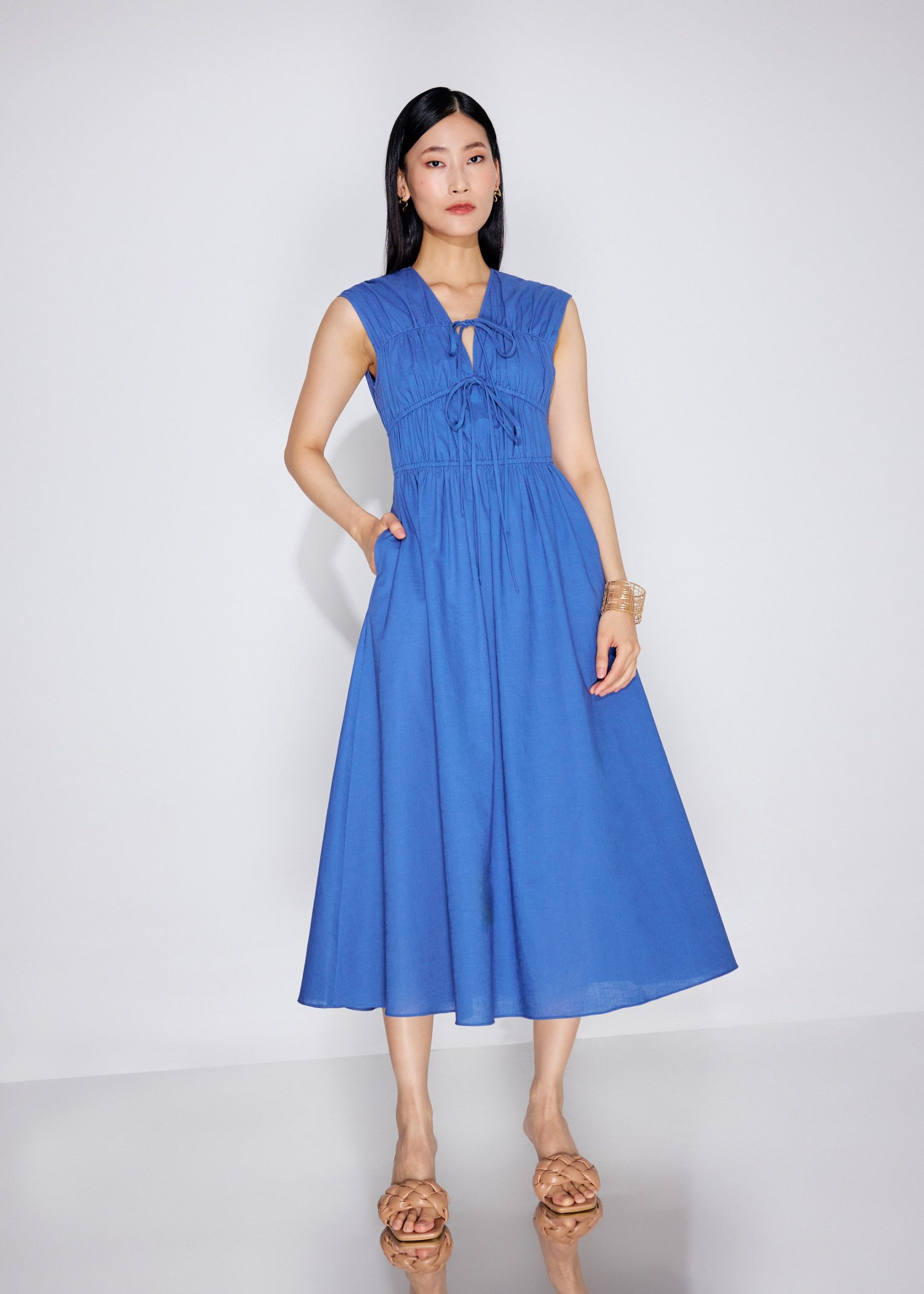 Linen Front Tie Fit & Flare Elastic Midaxi Dress - Image 2