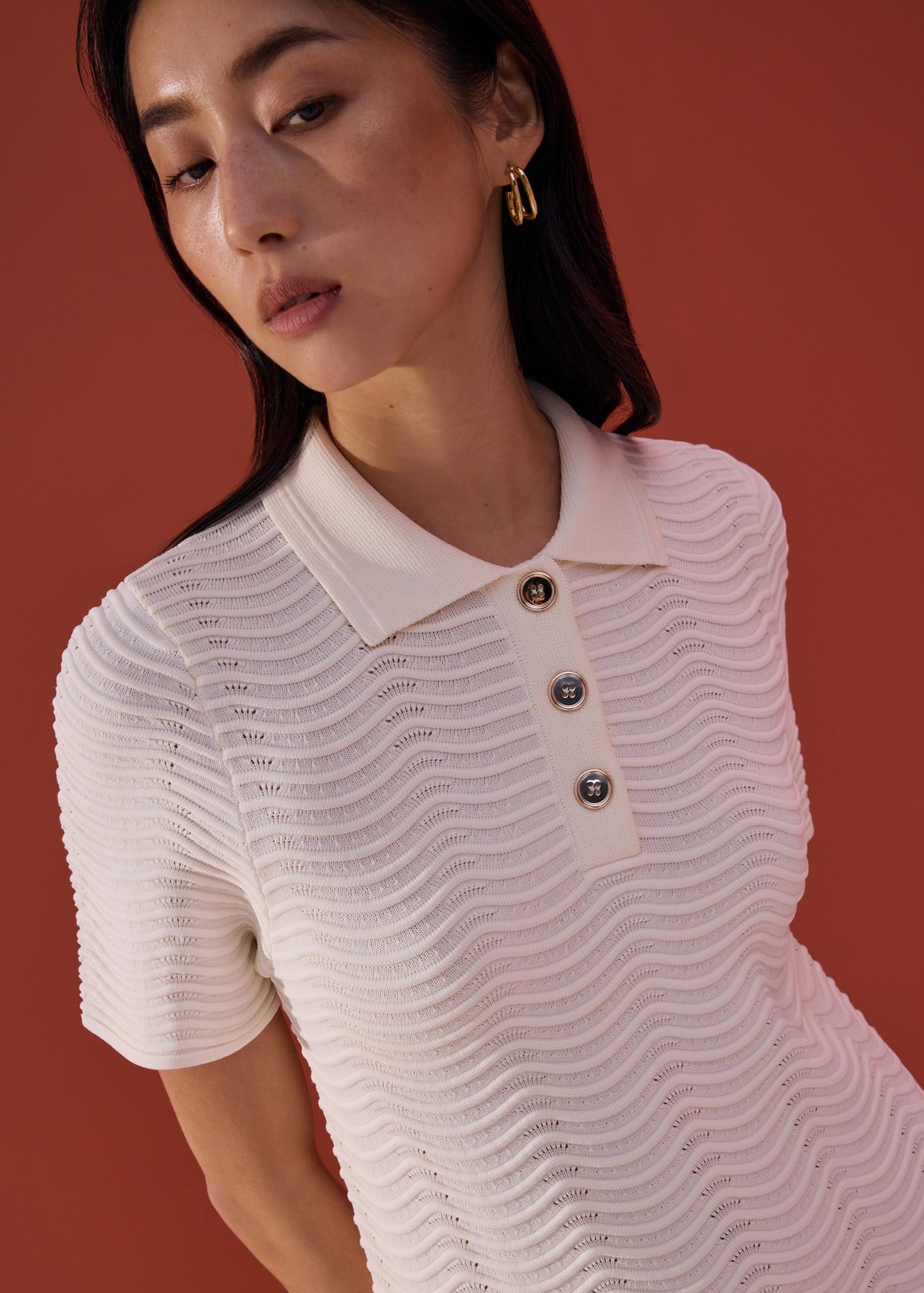 Wavy Knit Collared A-Line Mini Dress - Image 4