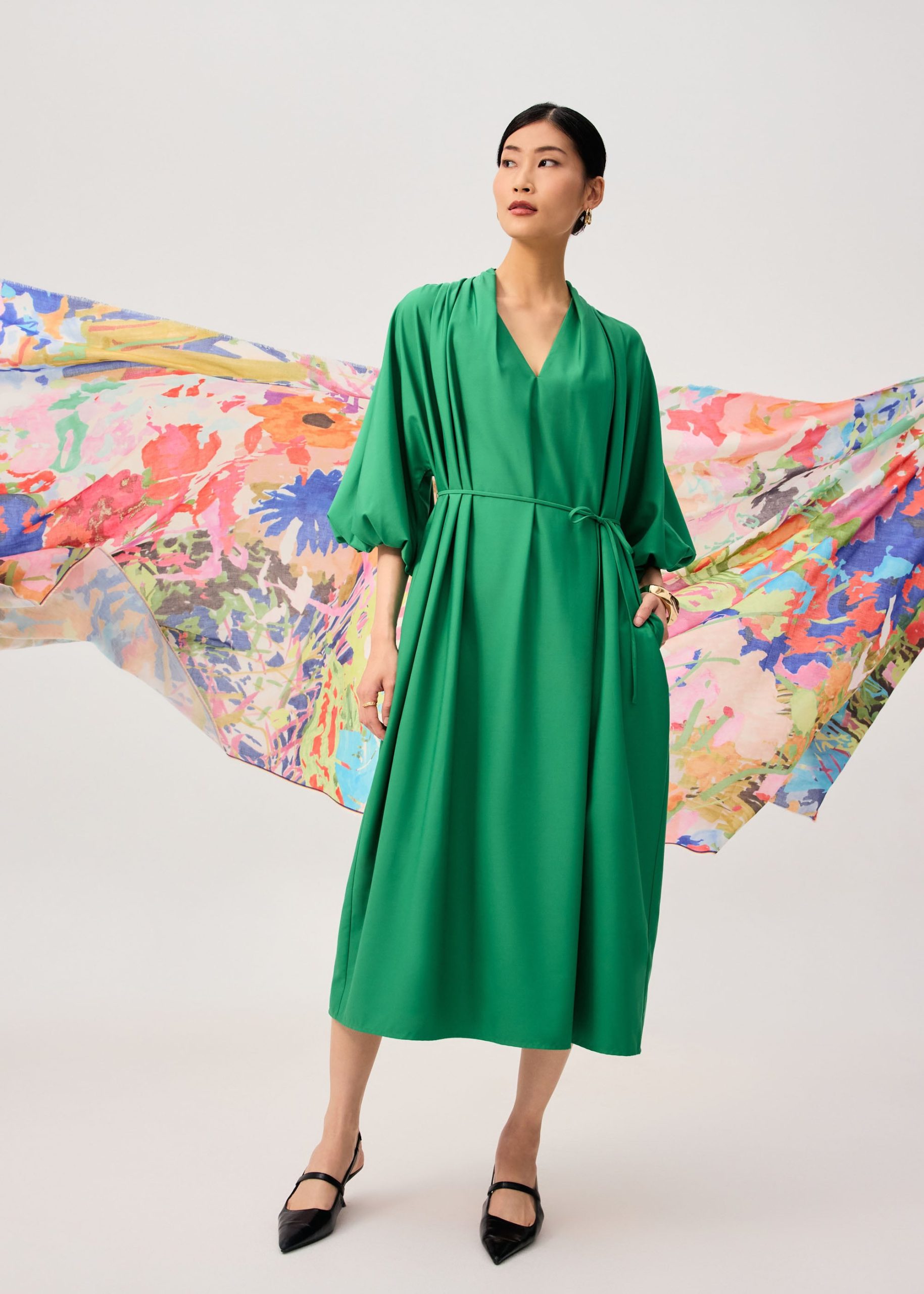 Detachable Sash Tie Puff Sleeve Cocoon Midaxi Dress
