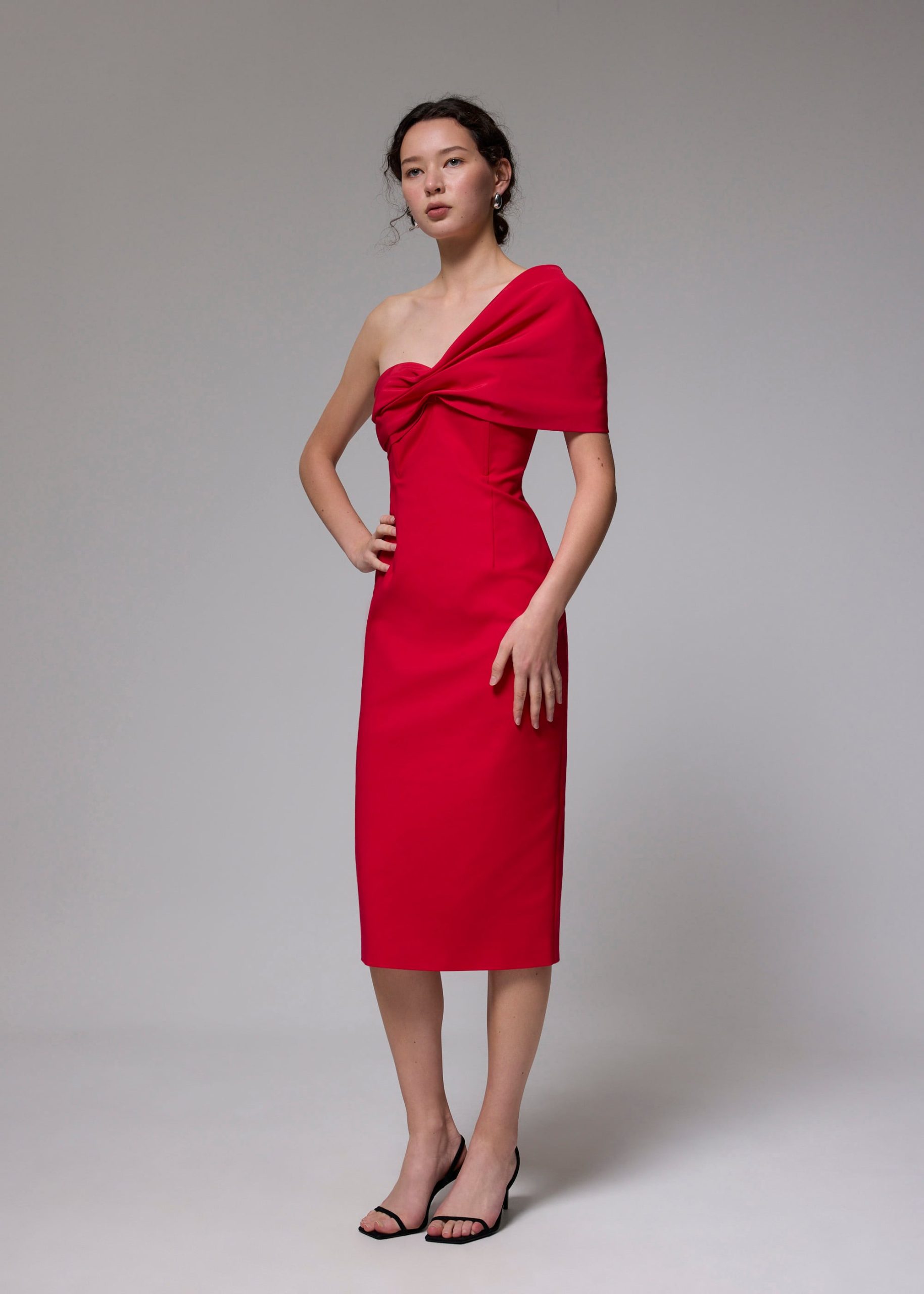 Asymmetric Front Twist Column Midi Dress - Image 10