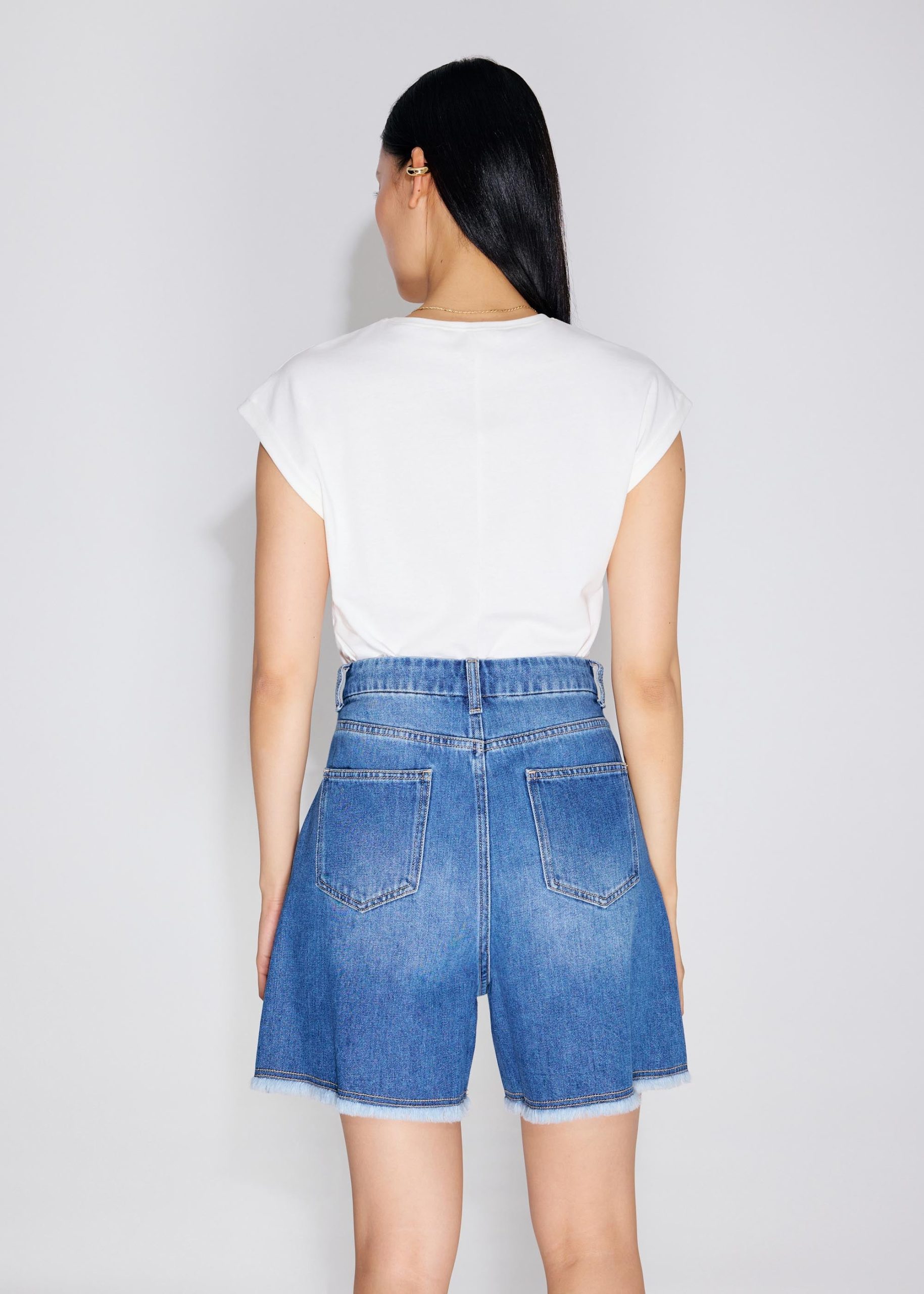 Denim Frayed Hem High Waist Bermuda Shorts - Image 9