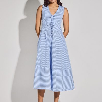 Striped Cotton Front Tie V-neck Fit & Flare Midaxi Dress