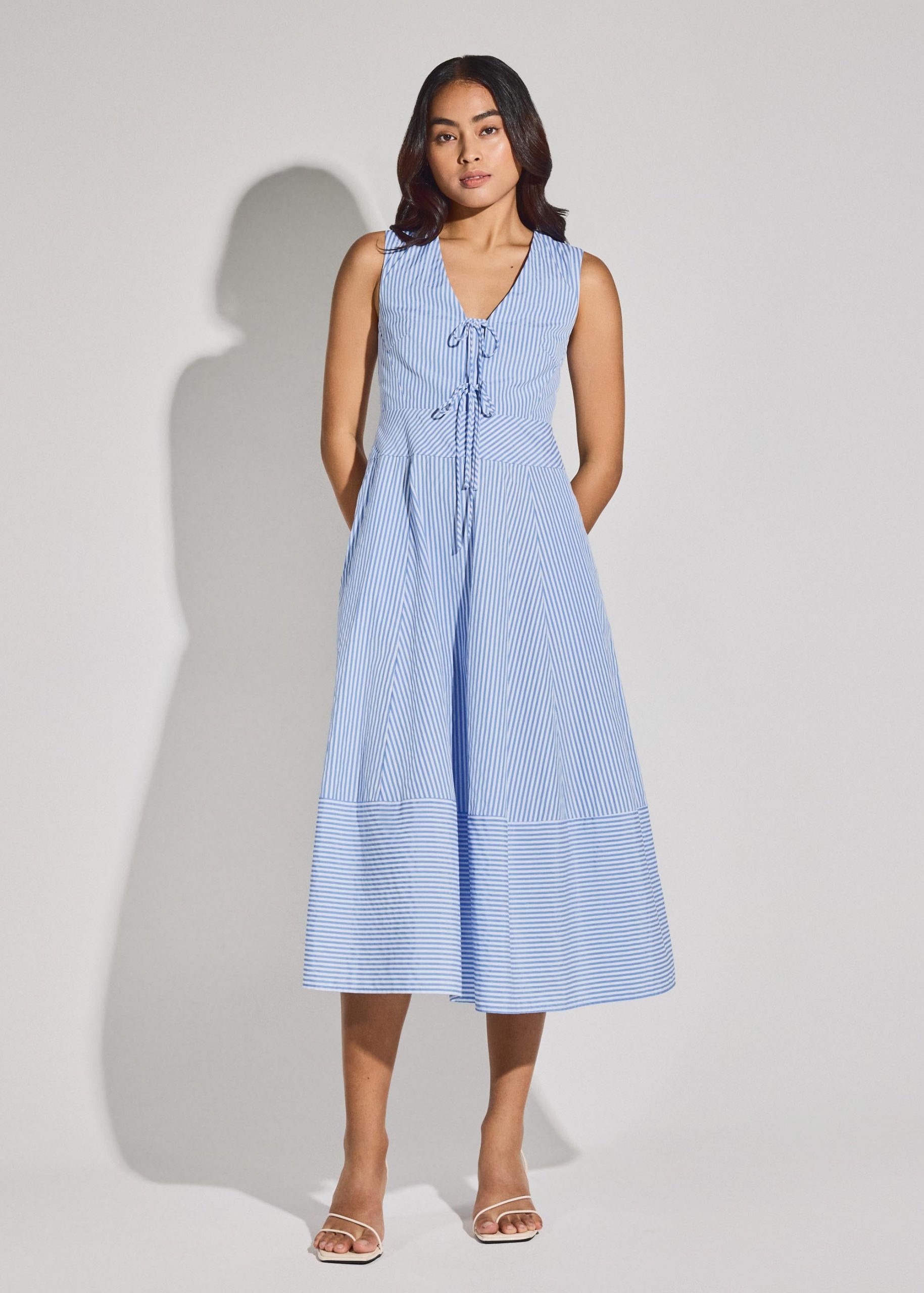 Striped Cotton Front Tie V-neck Fit & Flare Midaxi Dress