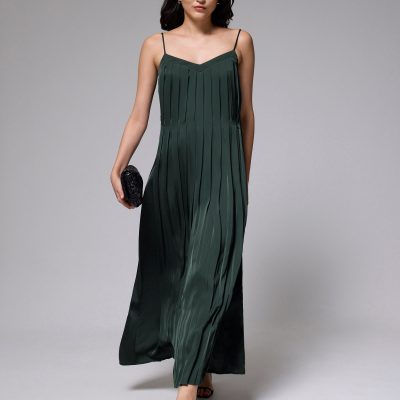 Satin V-neck Pleated Maxi Dress