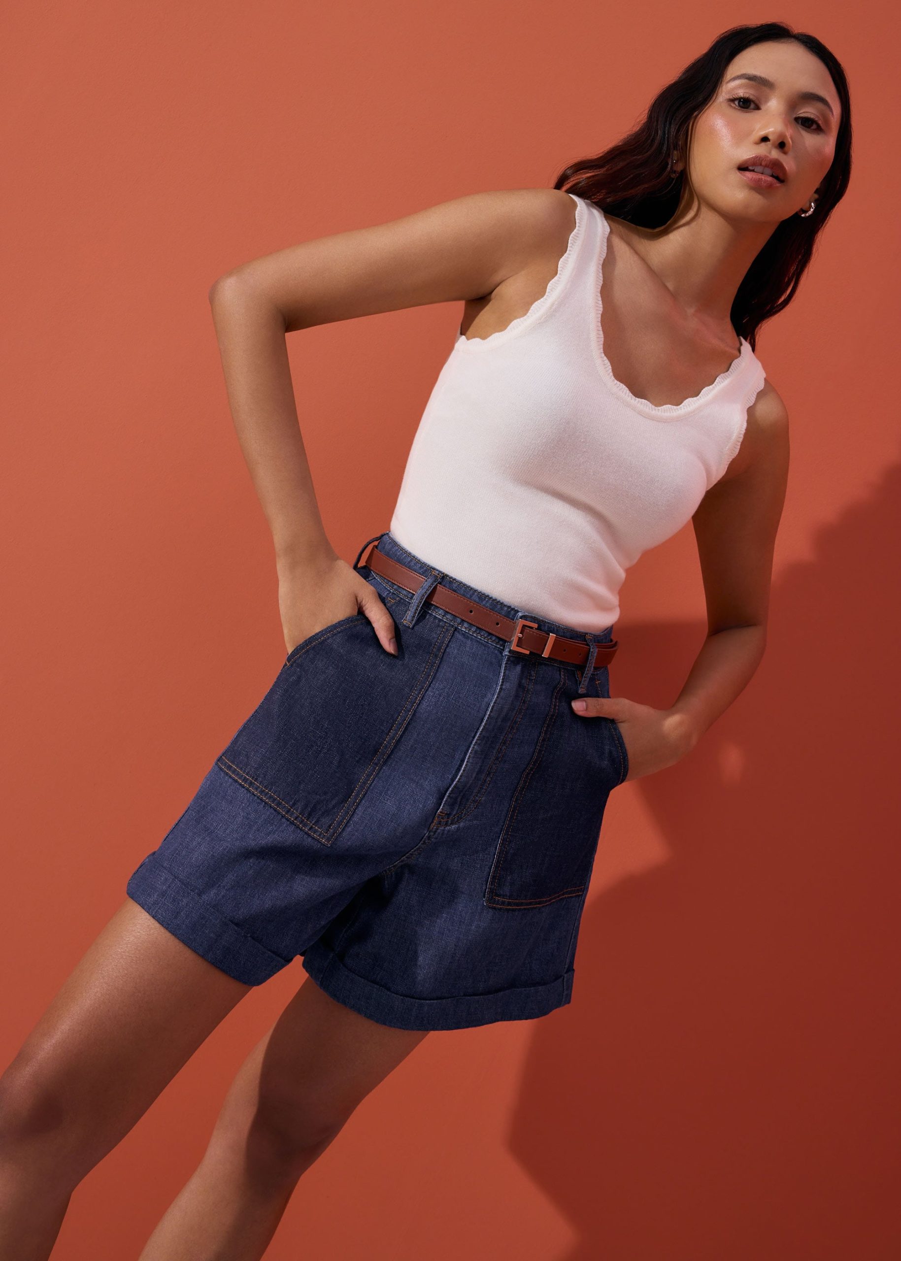 Denim High Waist A-line Cuffed Shorts - Image 3