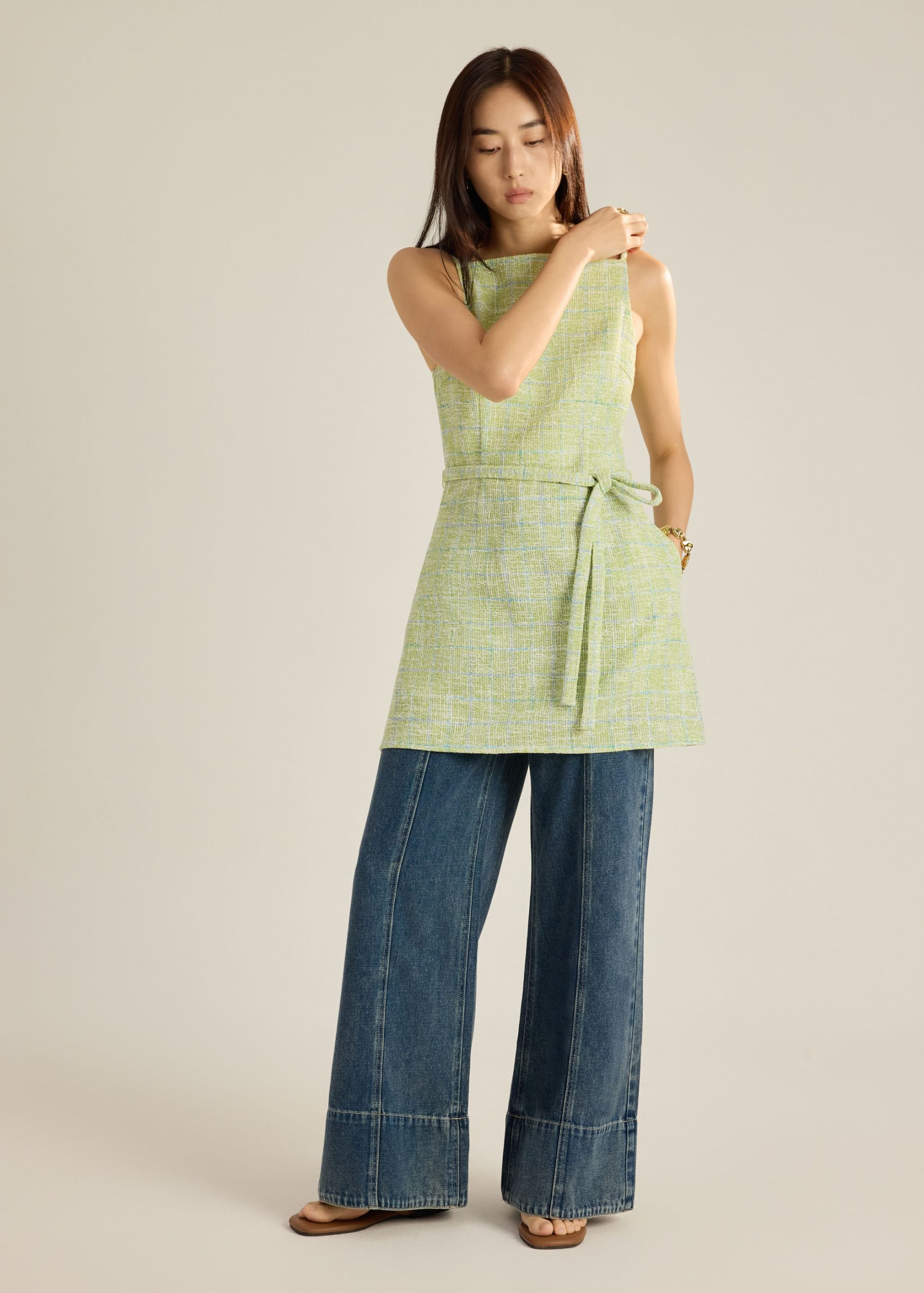 Tweed A-Line Dress With Sash - Image 6