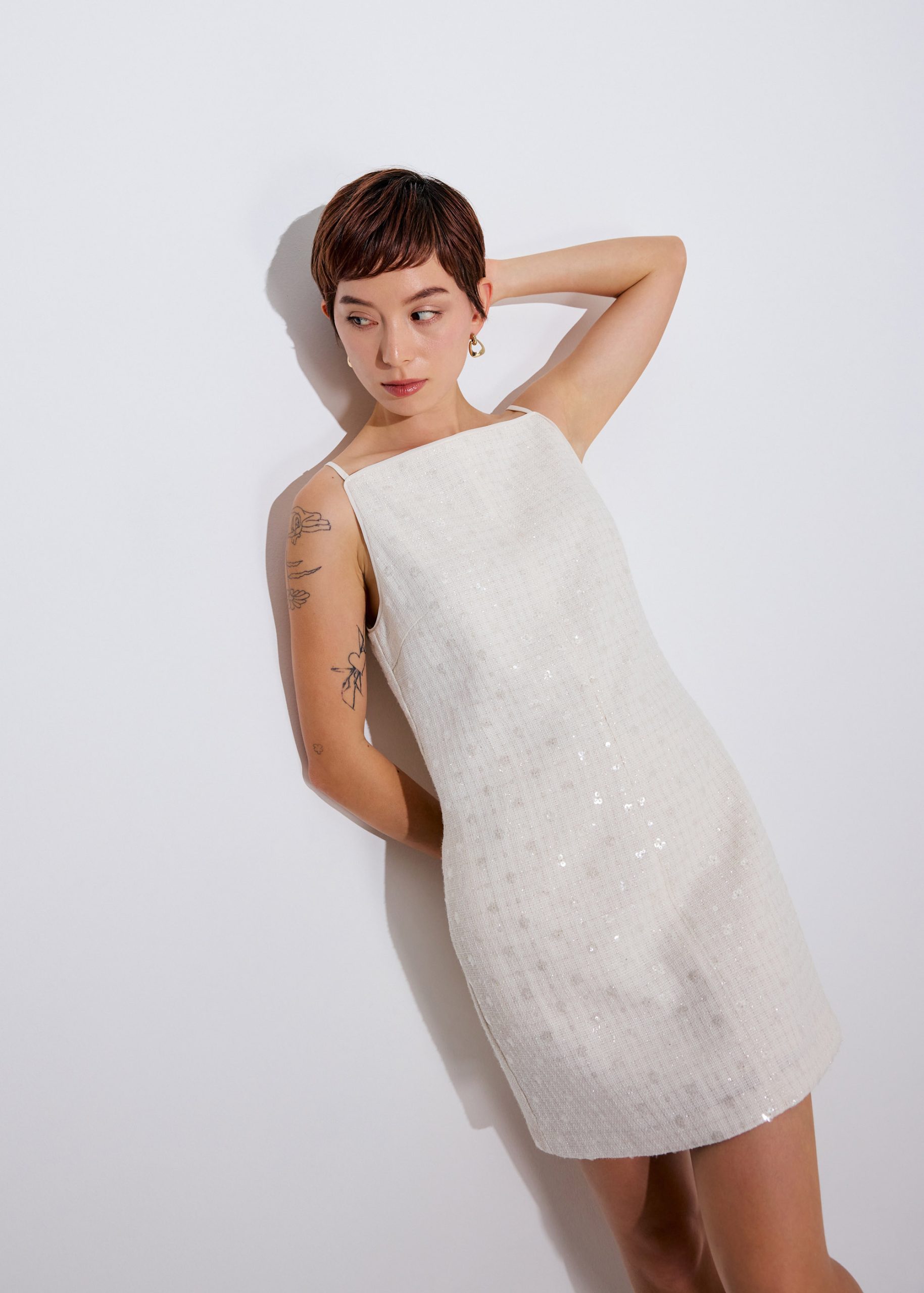 Lusi Sequin Tweed Straight Neck A-line Mini Dress - Image 2
