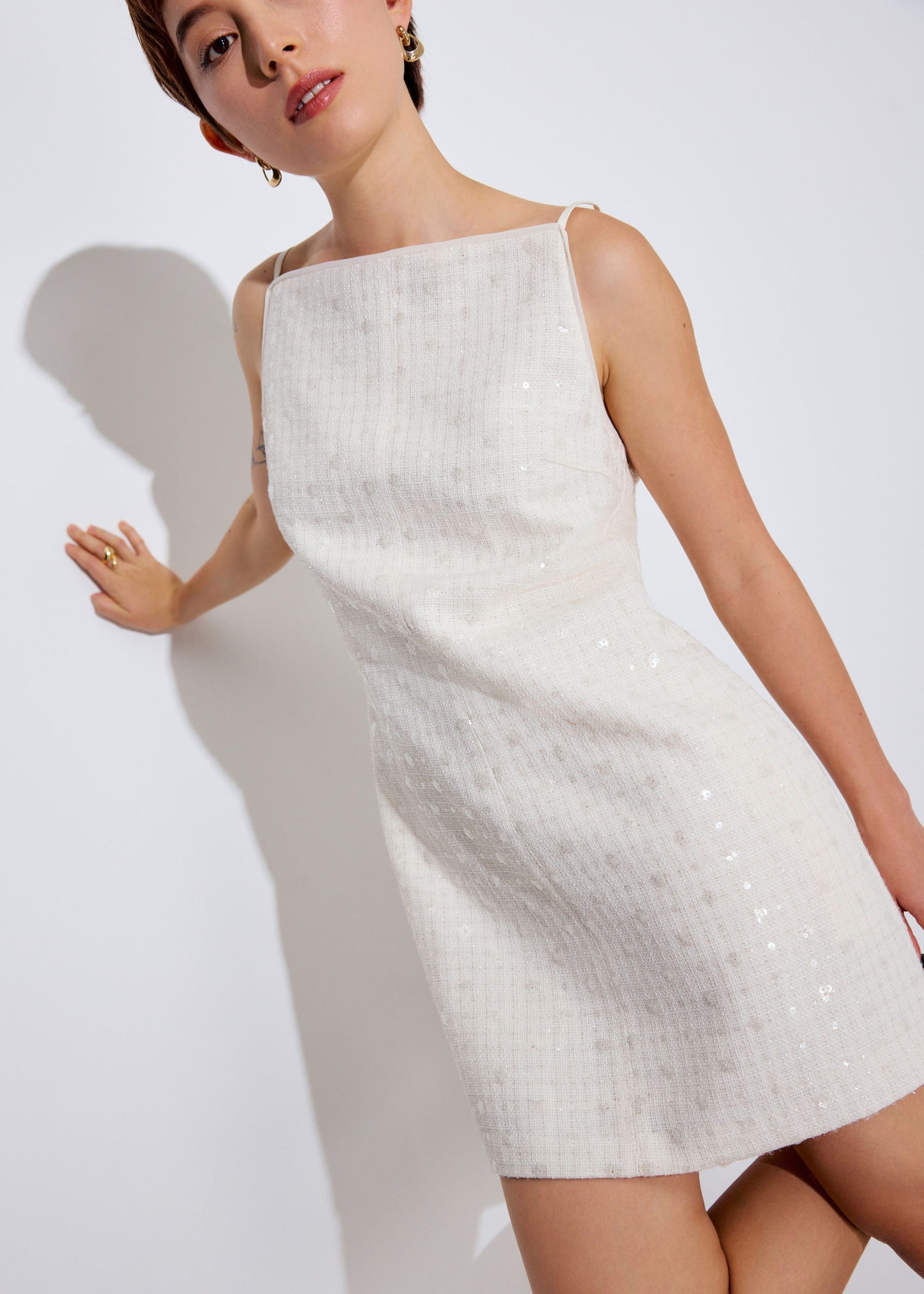 Lusi Sequin Tweed Straight Neck A-line Mini Dress - Image 13