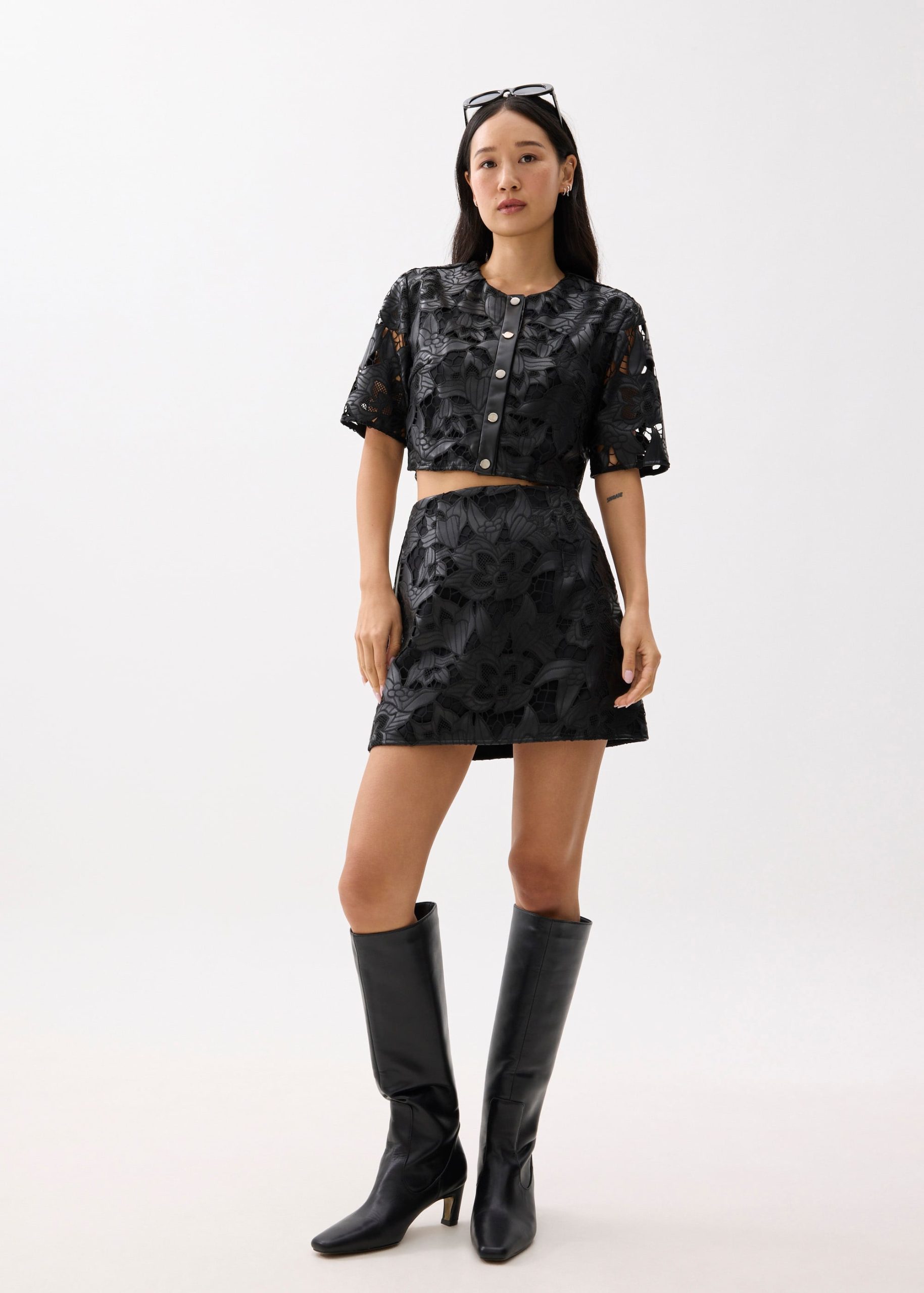 Relaxed Vegan Leather Lace Crop Top - Image 2