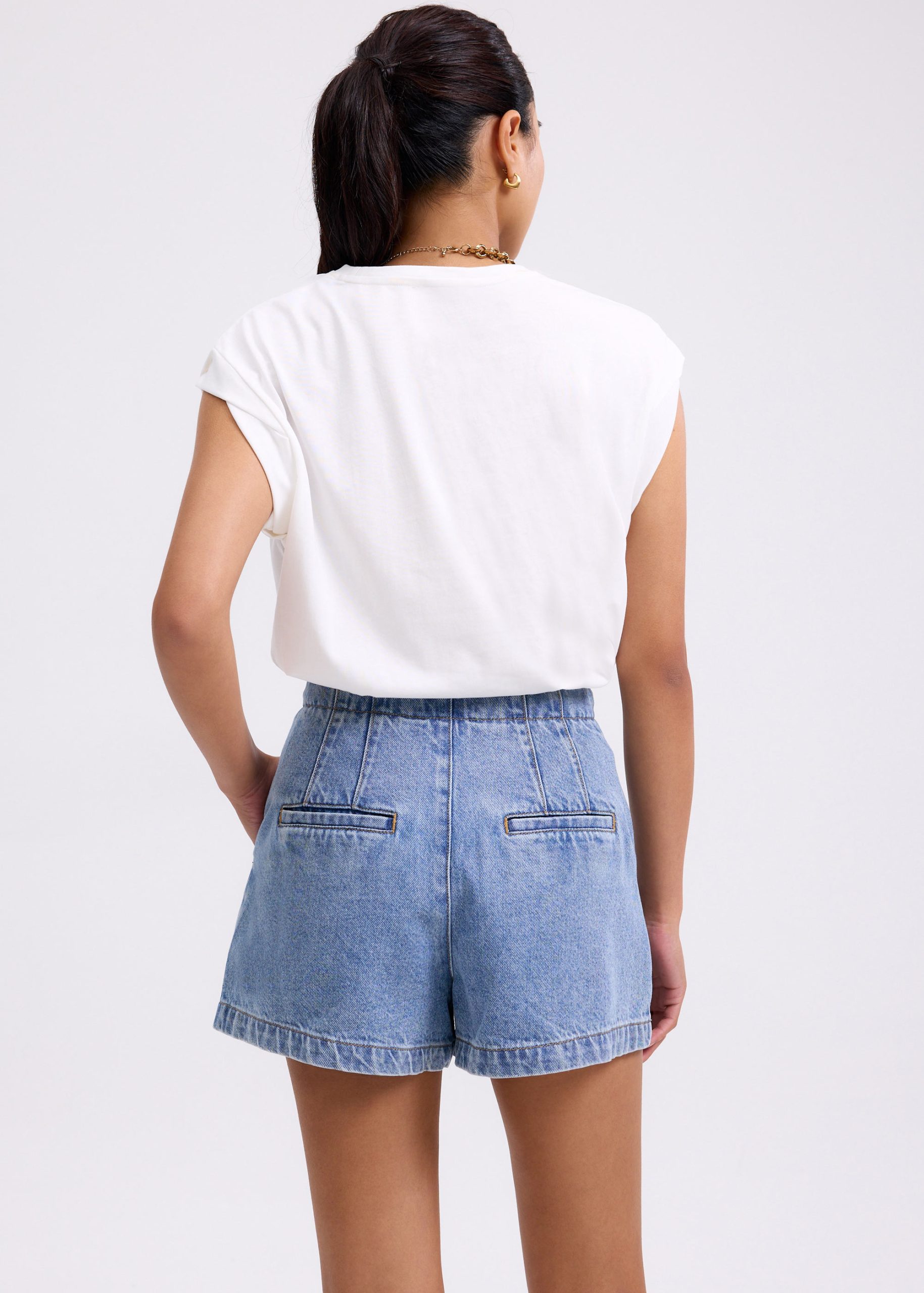 Denim Contrast Stitch A-line Shorts - Image 12