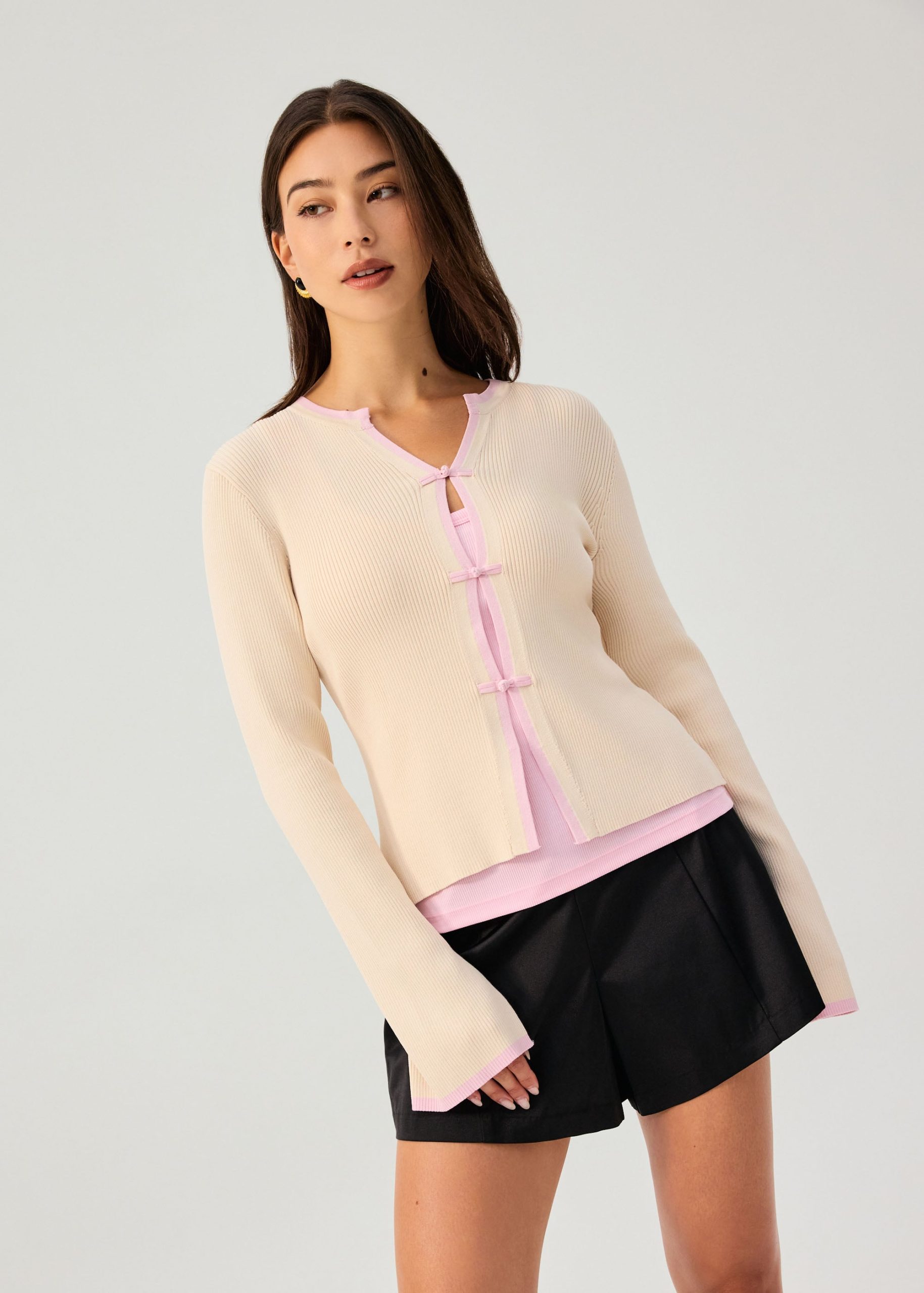 Contrast Piping Ribbed Knit Frog Button Cardigan - Image 8