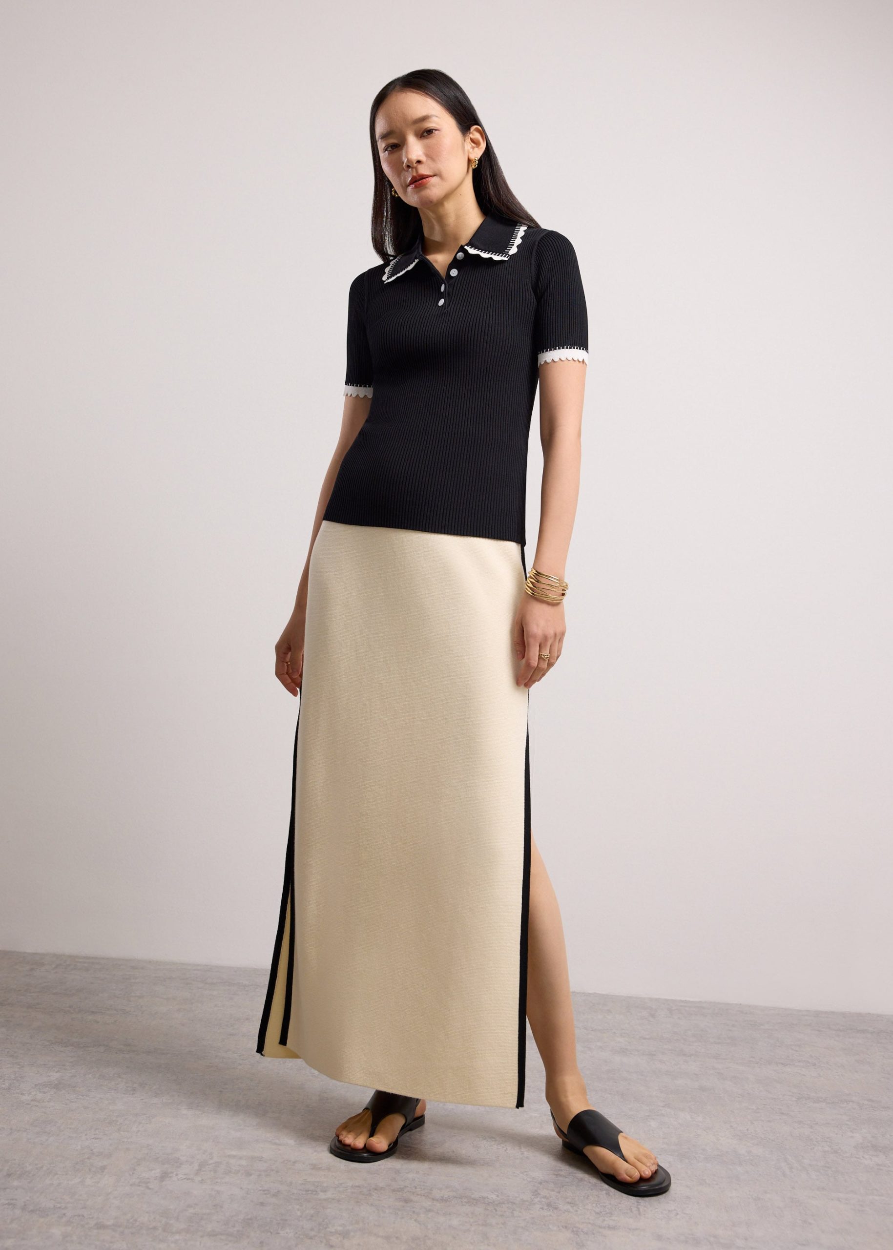 Contrast Trim Pointelle Knit Peter Pan Collar Top - Image 2