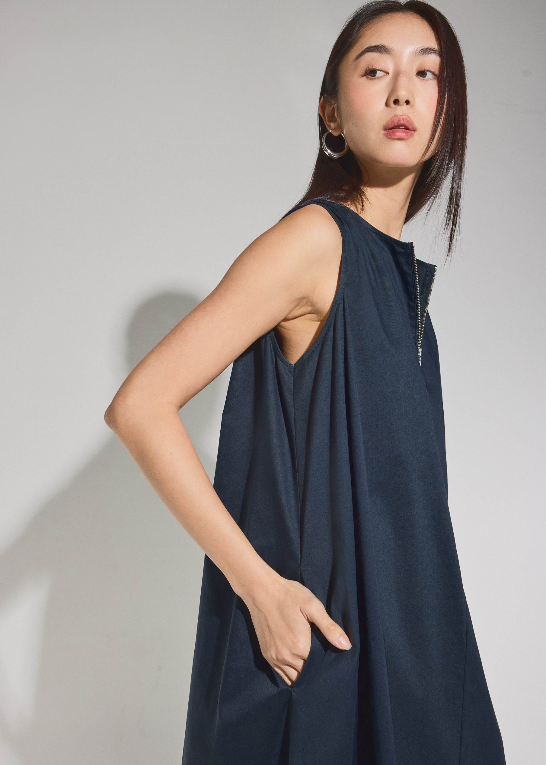 Cotton Quarter Zip Trapeze Midi Dress - Image 8