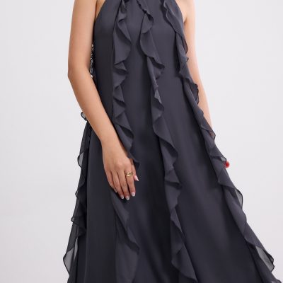 Georgette Halter Trapeze Frill Maxi Dress