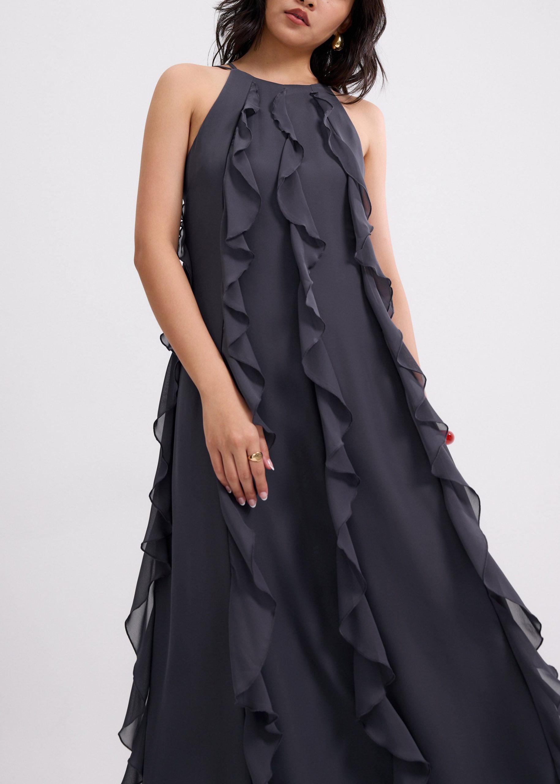 Georgette Halter Trapeze Frill Maxi Dress