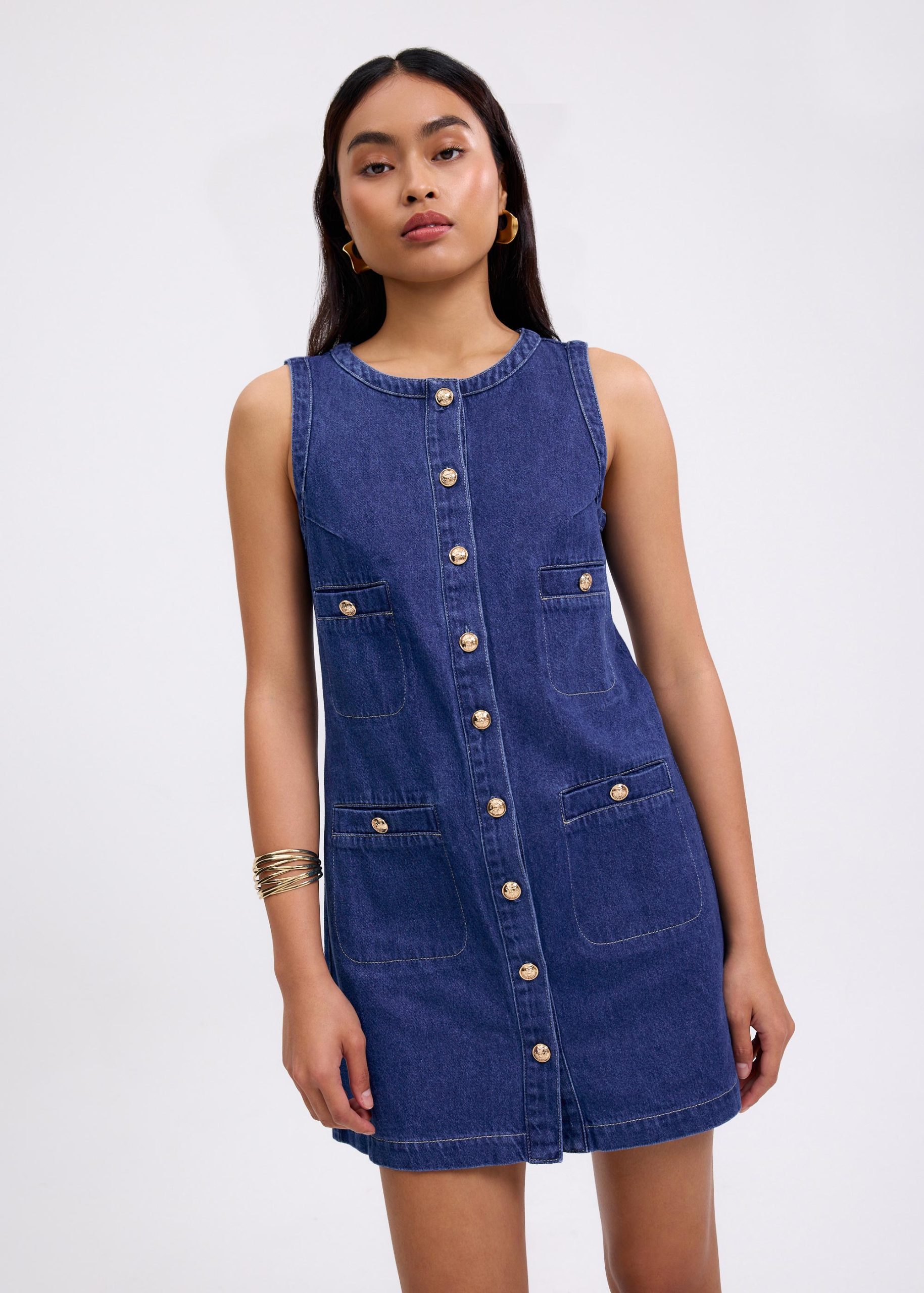 Denim Round Neck Shift Mini Dress - Image 2
