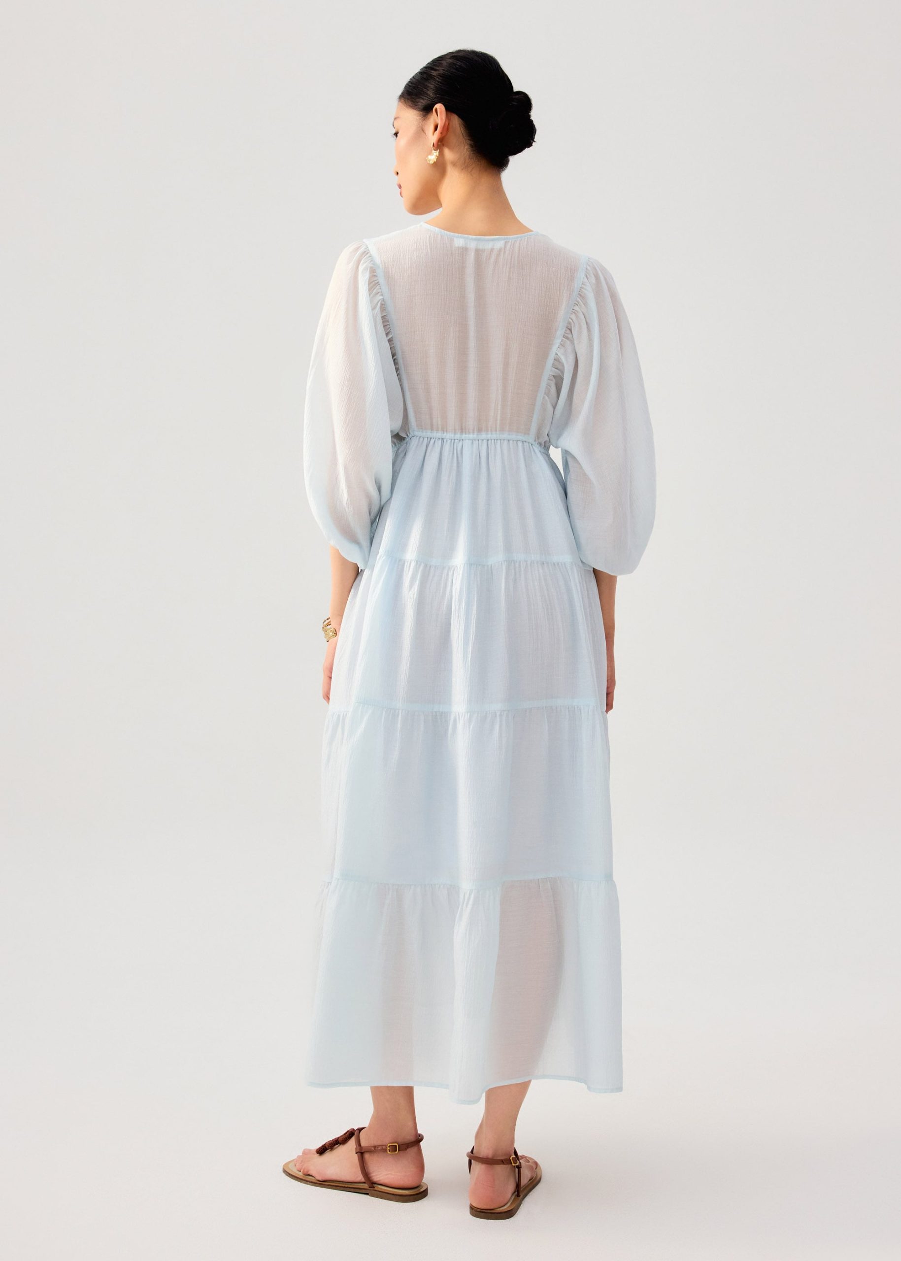 Sheer Lyocell Tiered Round Neck Trapeze Maxi Dress - Image 6