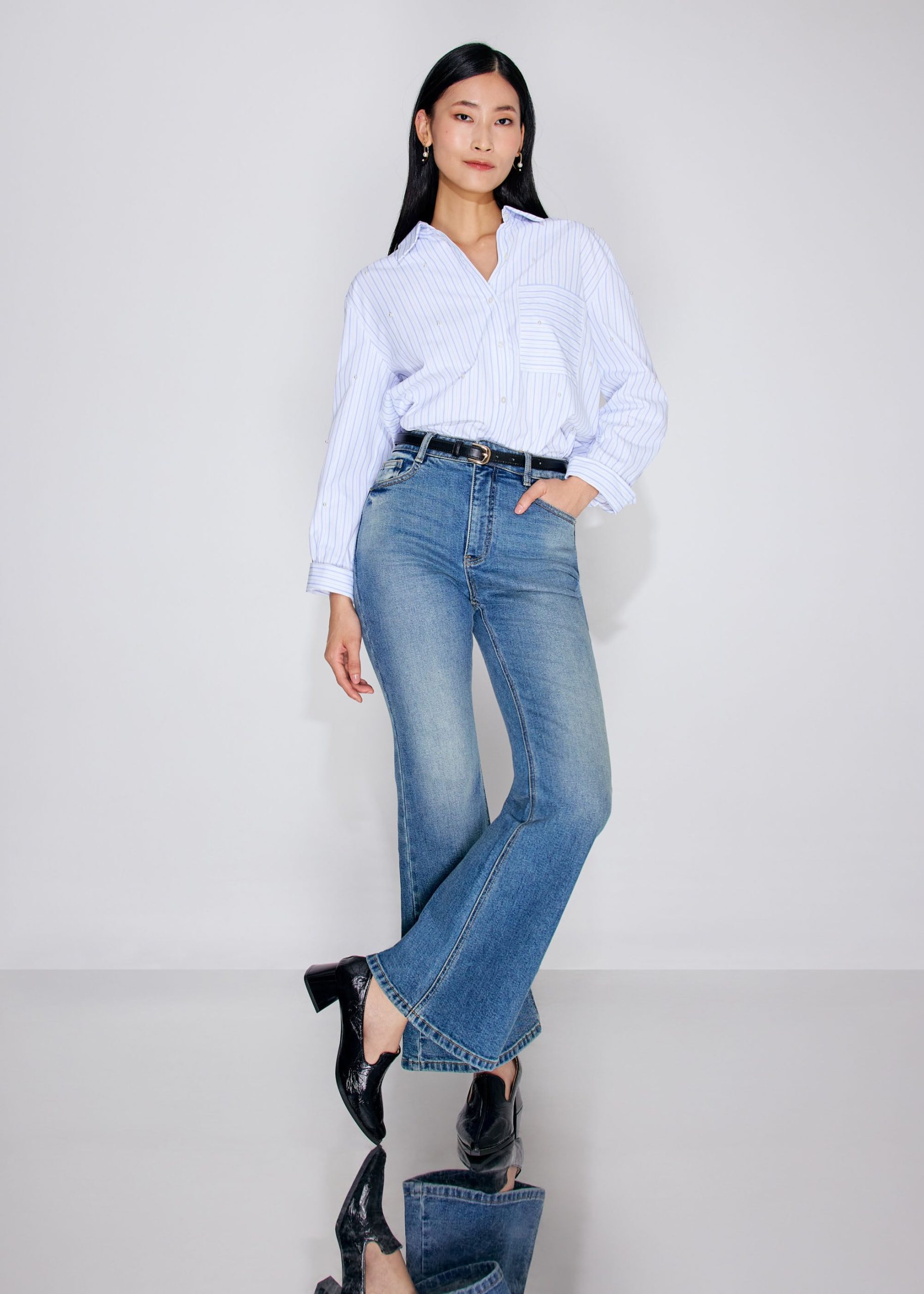 RuchedReady® Oversized Pearl Embellished Pinstripe Button Down Shirt - Image 4