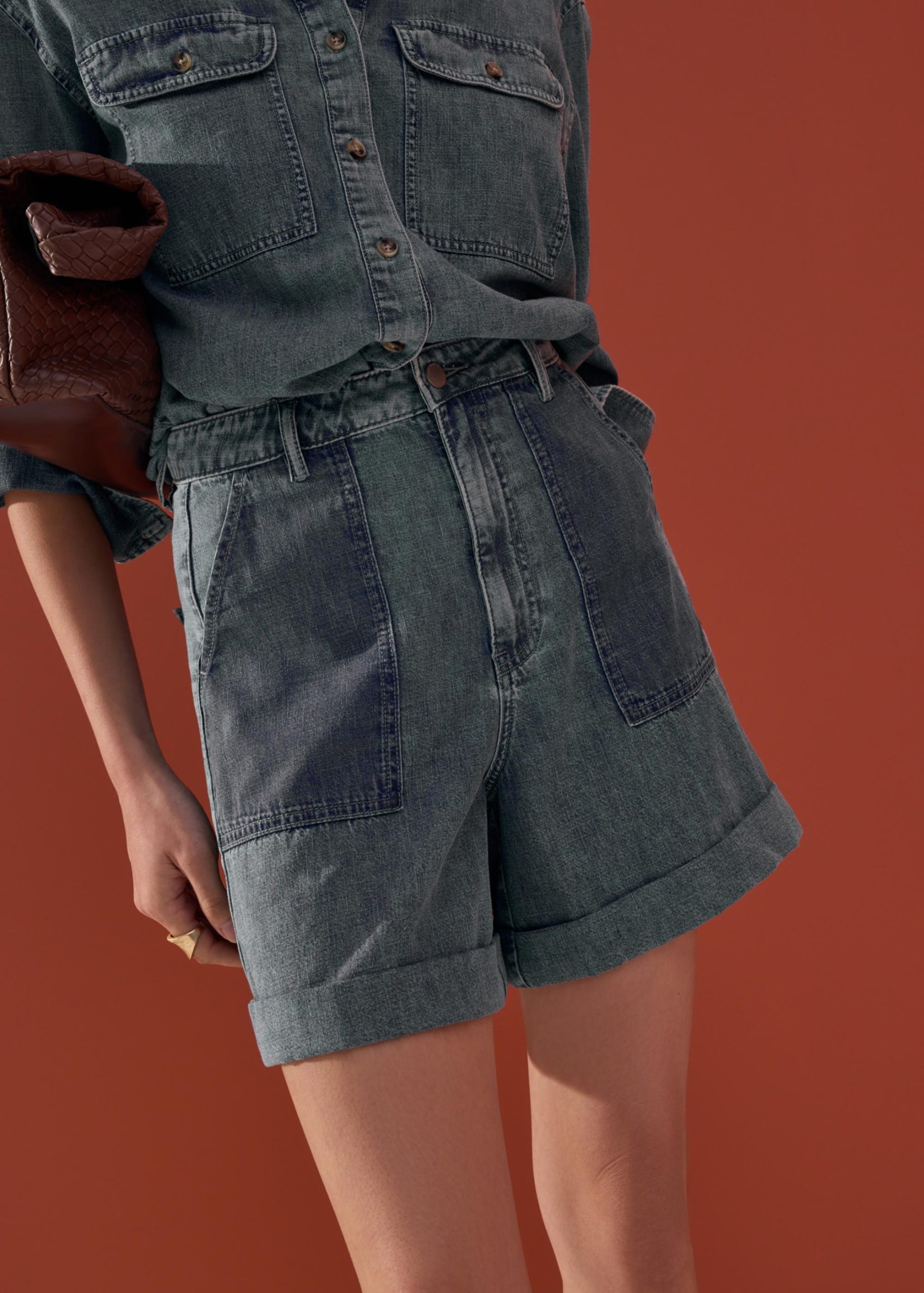 Denim High Waist A-line Cuffed Shorts - Image 13