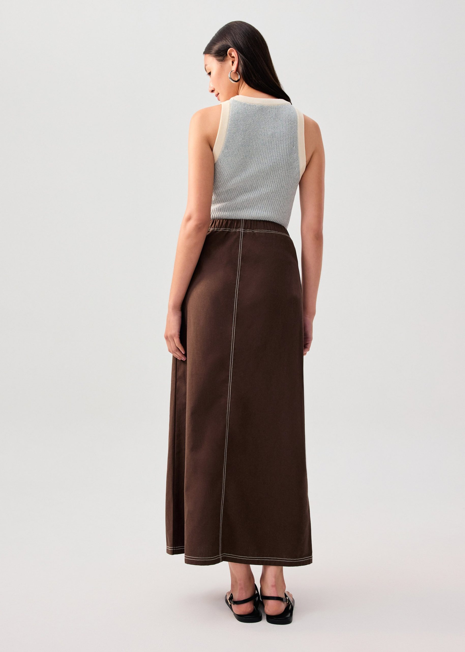 Elastic Contrast Stitch High Waist A-line Maxi Skirt - Image 19